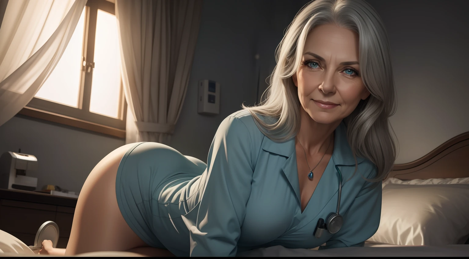 65-year-old woman with long gray hair, seductive gaze, green eyes, some wrinkles on her face,  8k, detailed background, utlra realistic, realism, exta realistic, wrinkles on body, hospital, blue nurse suit, sitting on hospital bed, evening time moonshine, SFW, nurse clothes with high neckline, beautiful night full moon outside the window, showing full body, full body, extra small titts, small breasts, looking at viewer from below, light smile, teeth indoors,soft lighting, extreme detail, hdr, short hair, kare