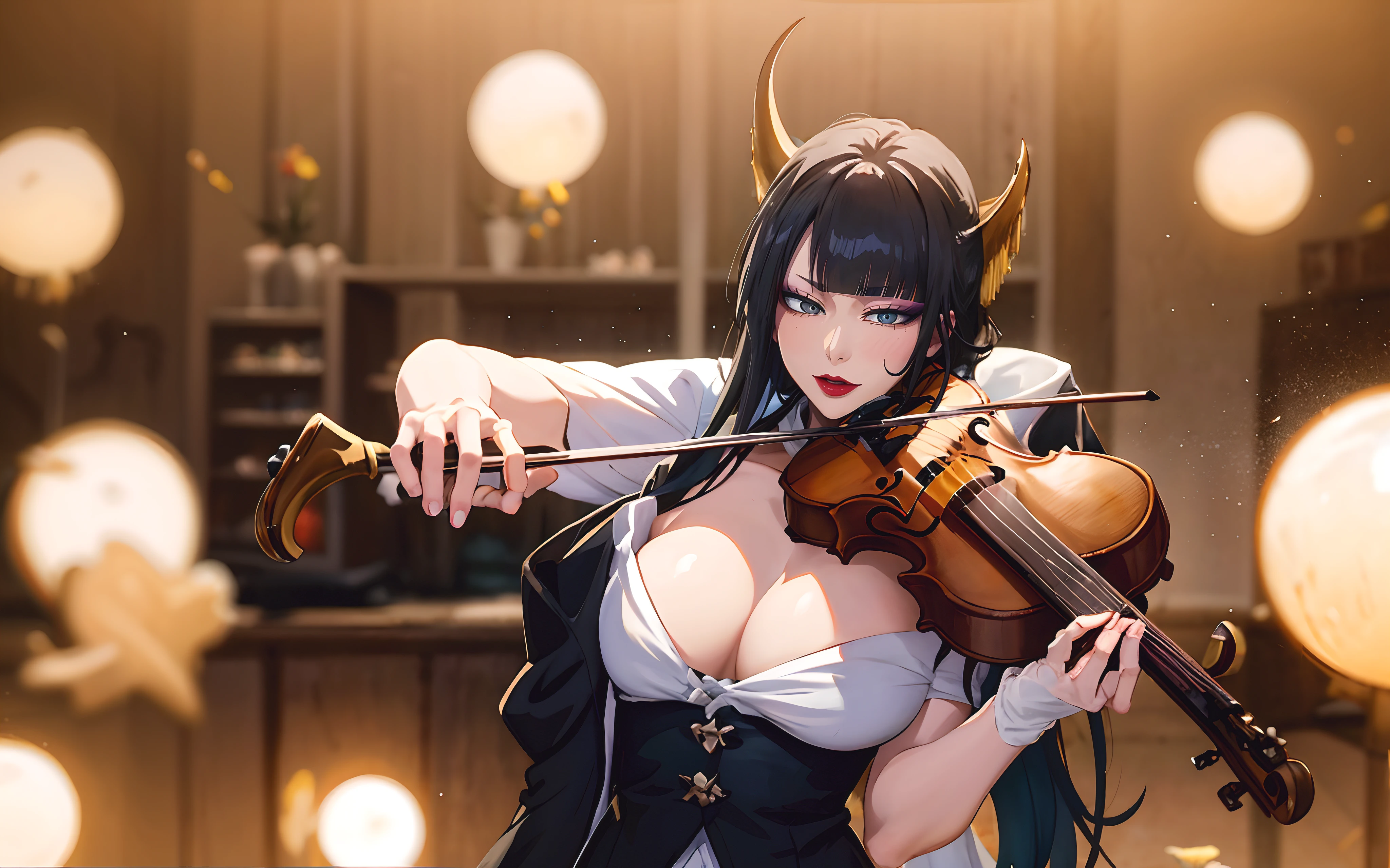 senjumaru shutara, (long hair, bangs, blunt bangs, black hair, sidelocks:1.5), (black eyes:1.5), makeup, lipstick, red lipstick, breasts, epic art, fantasy, gloves, white_gloves, indoors, instrument, 1girl, violin, breasts, playing_instrument, holding_instrument, blurry, cleavage, solo, depth_of_field, bokeh, large_breasts, blurry_background, strapless, indoors, holding, looking_at_viewer,  plectrum, dress, lens_flare glow effects, godrays, Hand drawn, render, 8k, octane render, cinema 4d, blender, dark, atmospheric 4k ultra detailed, cinematic, Sharp focus, big depth of field, Masterpiece, colors, 3d octane render, 4k, concept art, trending on artstation, hyperrealistic, Vivid colors, extremely detailed CG unity 8k wallpaper, trending on CGSociety, Intricate, High Detail, dramatic, anime coloring, anime screencap, steaming body, fog, heavy breathing, nsfw art,