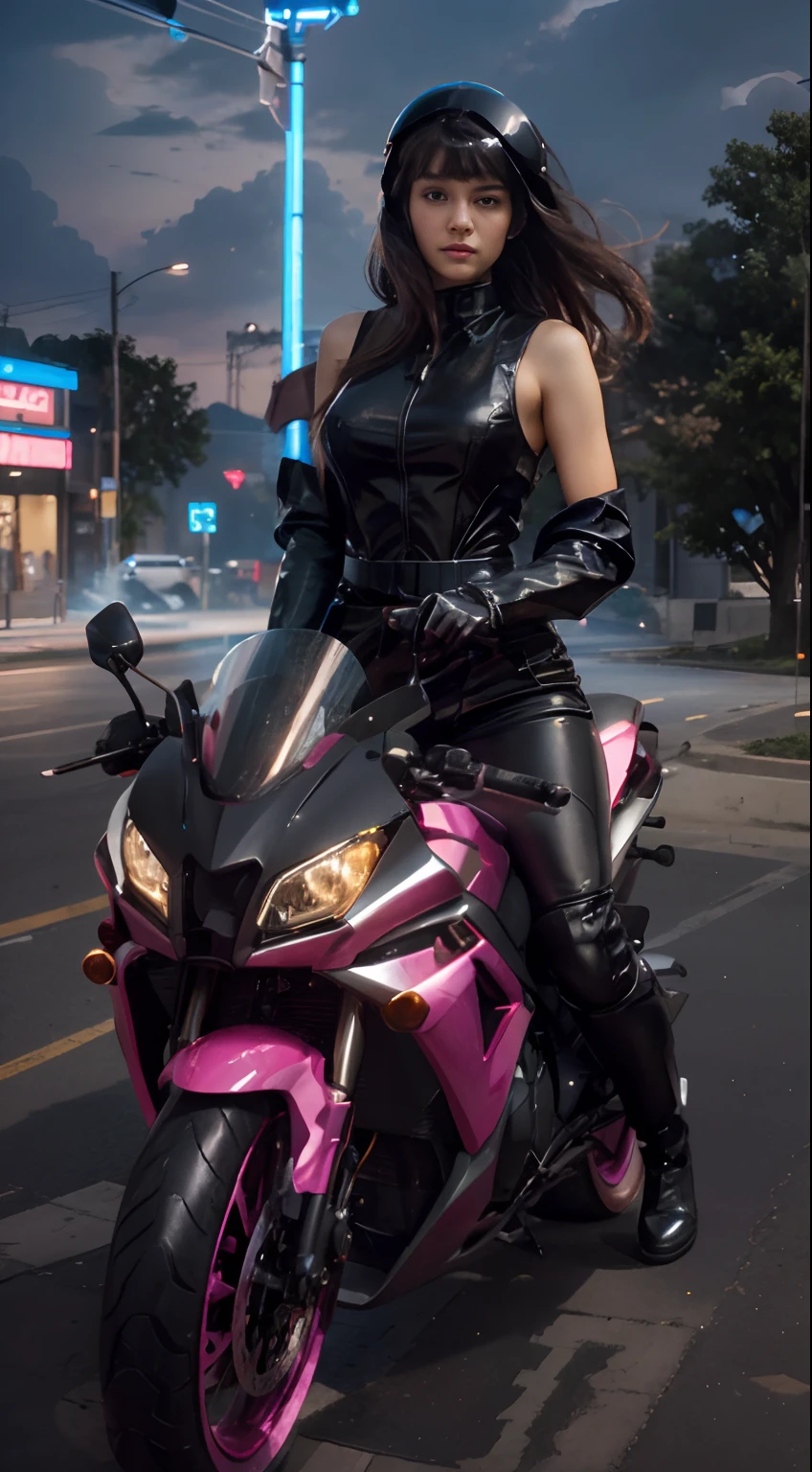 Masterpiece, professional, award-winning, intricate details, ultra high detailed, 64k, dramatic light, volumetric light, dynamic lighting, Movie Aesthetic, action shot, photo real, cinematic moviemaker style. Cyberpunk fantasy.1girl, beautiful, sexy smile, 25 years old, purple hair, , long hair, neon costume, (extremely detailed face), ((extremely detailed eyes)), emerald eyes, bpiercing eyes, bangs, riding (To the right of the viewer) her purple emerald cyberpunk motorcycle down a neon-lit street at night, 1girl and 1bike. Score_9, score_8_up, score_7_up, more detail XL, Realism