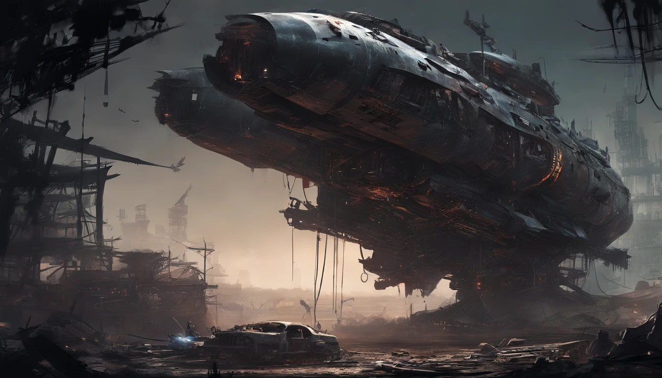 Post-apocalyptic wars, dark atmosphere, darkly, Dilapidated spaceship, Mechanical patches, Japanese styly, spaceship junkyard