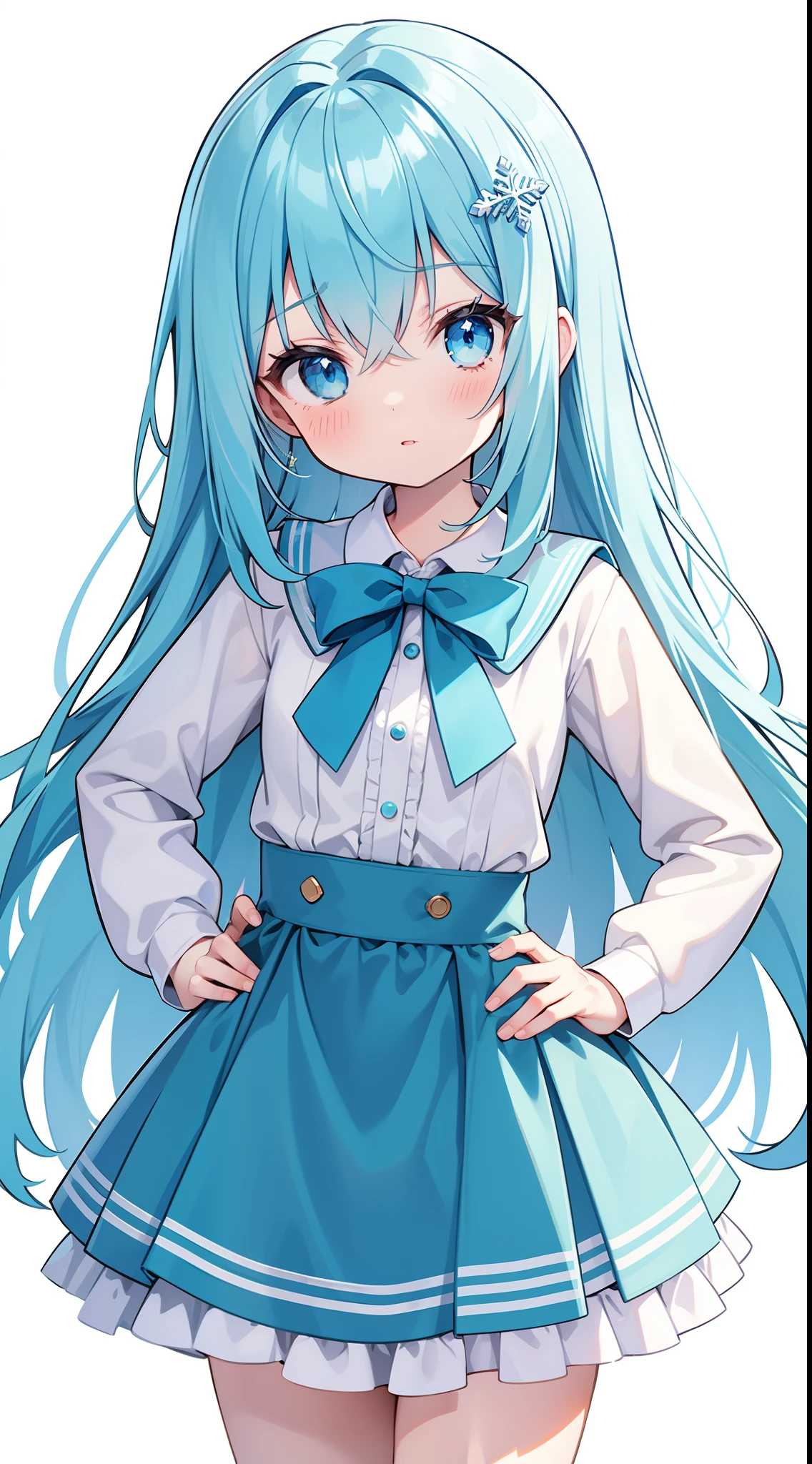 (straight-on),full bodyesbian,((White background)),standing,A girl,whaite hair,Aqua_Hair,Aqua_Eyes,Blue_Eyes, hair between eye, hair over shoulders, snowflake hair ornament, Best quality, A high resolution,(Long_Hair),White_Skirt,Blue_neck bowtie,White_sailors_dress,White_Socks,Straight hair,(Hands_On_Hips)