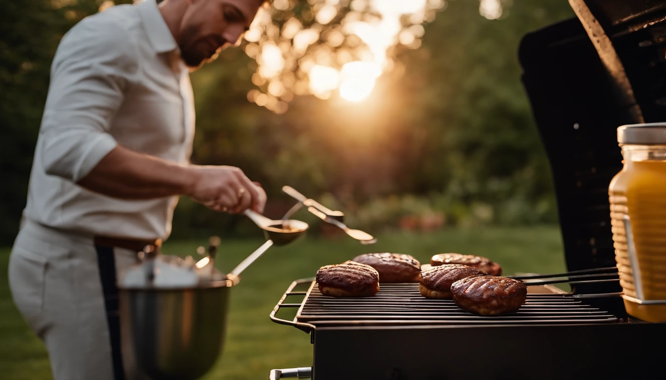 white male grilling patties on a BBQ in the backyard, with the golden hour light illuminating the grilling equipment and condiments