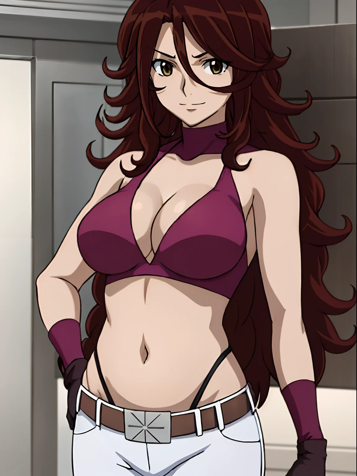 ((solo)), Best Quality, hires, curvy midsection, strong woman, female wrestler, smile, happy), upper body only, anime style: 1.8, anime drawing, ultra detailed face, ultra detailed body, 4k, Sumergai Lee Noriega, (standing), best quality, anime style, hires, highest definition, digital blending, bold drawing lines, (((White Background))), ( pro female wrestler, long attractive belly, slim body, (strong arm muscles), broad shoulders , off-shoulders, closed fists, (very curvy: 2.8)), (blouse, shorts, white gloves, arm band, arm band, (champion belt))), (pale skin, big breasts, closed mouth), (big eyes, brown eyes, shiny eyes), (reddish hair, loose hair, curly hair, wavy hair, long hair, missy hair), 27 years old
