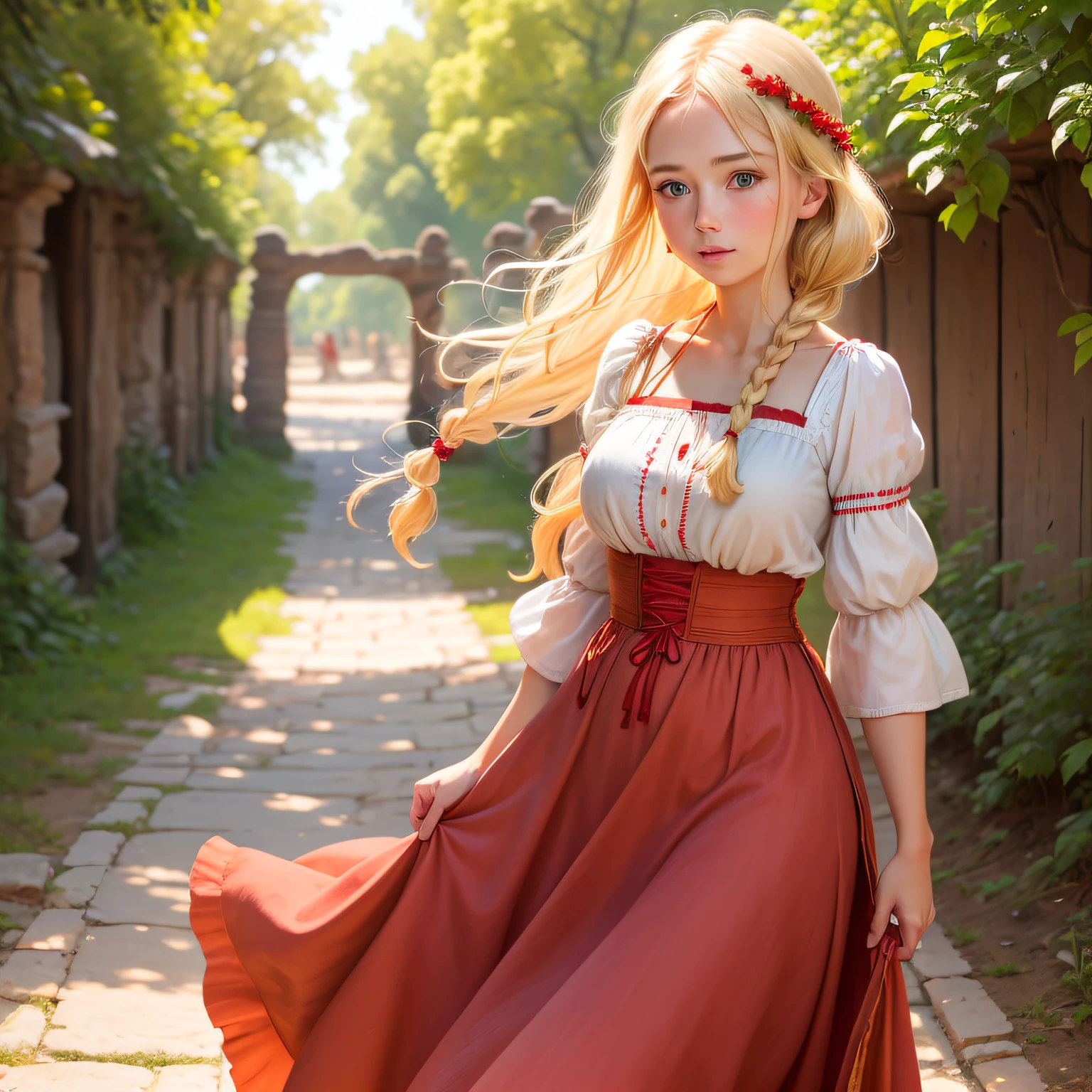 1 girl, blonde woman, Ancient Russia, red sundress, white shirt, Long braid, Red Kokoshnik,