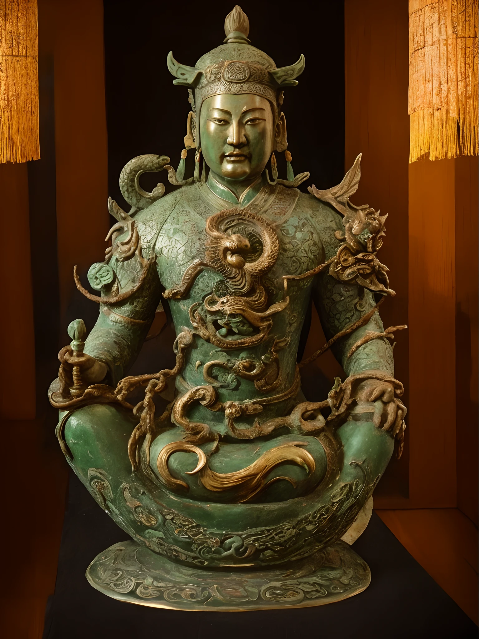 There is a green bronze,There is a dragon handle on it, Dongsen bronzes, museum artifact, ancient chinese ornate, with dong son bronze artifacts, author:Wen Boren, year 2447, Maya, Wu Liu, year 3022, Chinese art, shui mo hua, An ancient, author:Phyllis Born, ancient”, year 2134