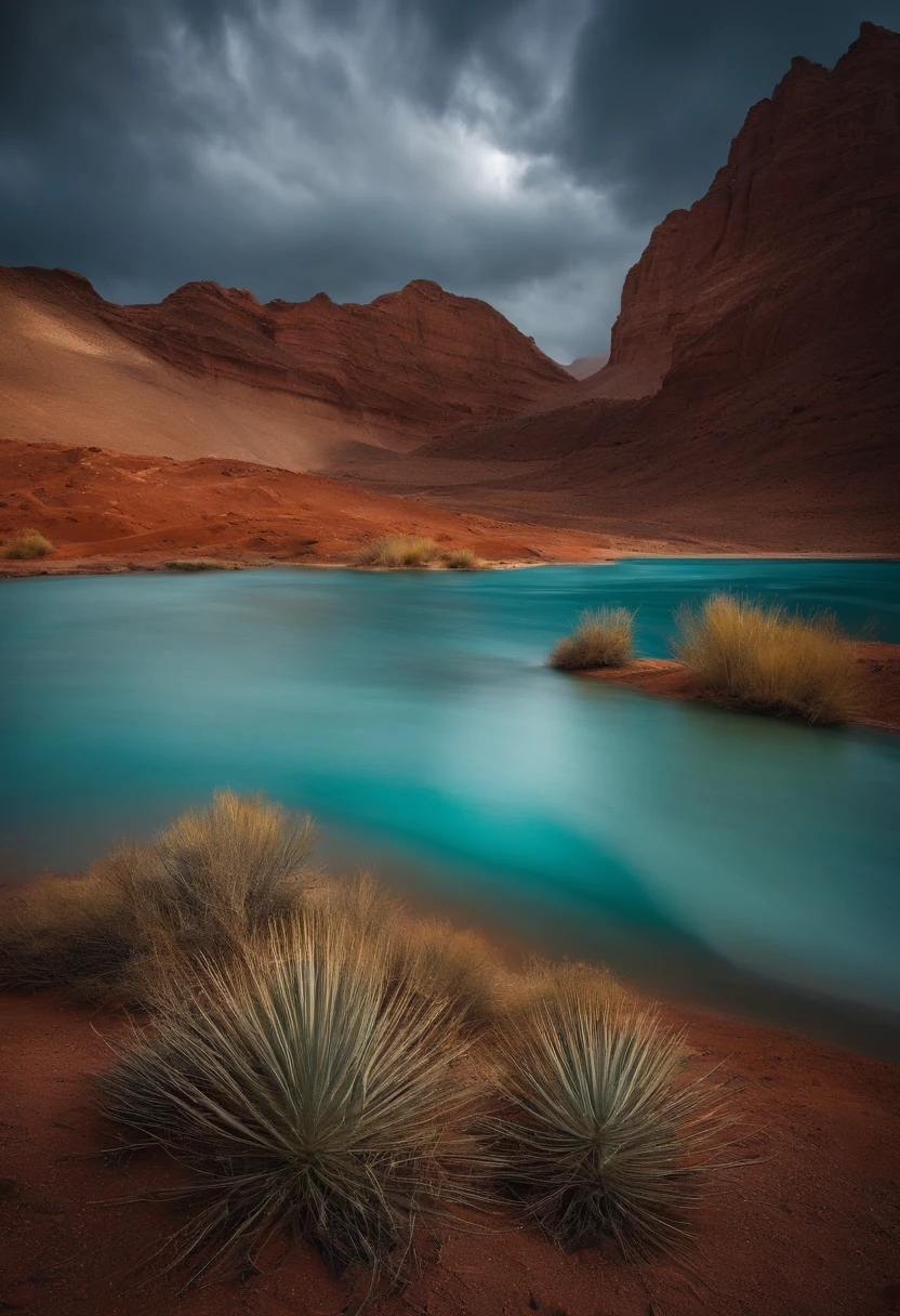 "Desert oasis"，There is snow in the mines，beginning of autumn，A piece of lake，There is a lot of sand and gravel，The surrounding trees are sparse，Thick water mist，and it was raining lightly，The sunlight is faint。