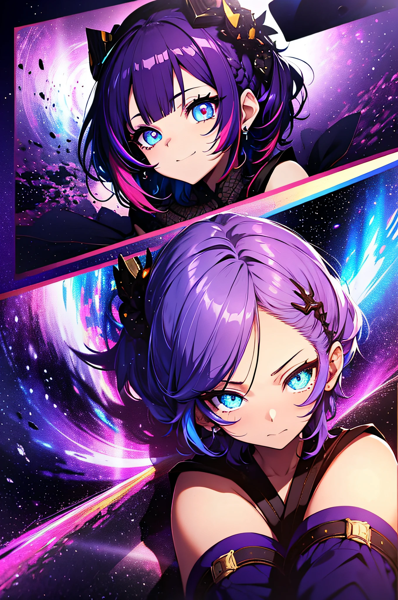 (masutepiece:1.3), (Best Quality:1.3), High resolution, Couboy Shot, on back, Sleeping, (One Cute Girl:1.3), Solo, White skin、 huge smile、Angel Ring、eight-headed person, Purple hair, (bobhair:1.2), Mixed mesh and light blue、Short hair, (Blunt bangs:1.2), Beautiful hair, Eyes are purple, Miraculous Eye、Beautiful detailed eyes, ultradetailed eyes、Glitter eyes、octans,cloud,from the rear、Colorful starry sky,Stars,Iridescent aura around the eyes、Squat position、thrust out one's hip、Iridescent eyes、Narrowed eyes sucked in,Wearing a rainbow-colored aura from the whole body、purpleish color, Outdoors, Purple background, Shadow lighting,perfectbody