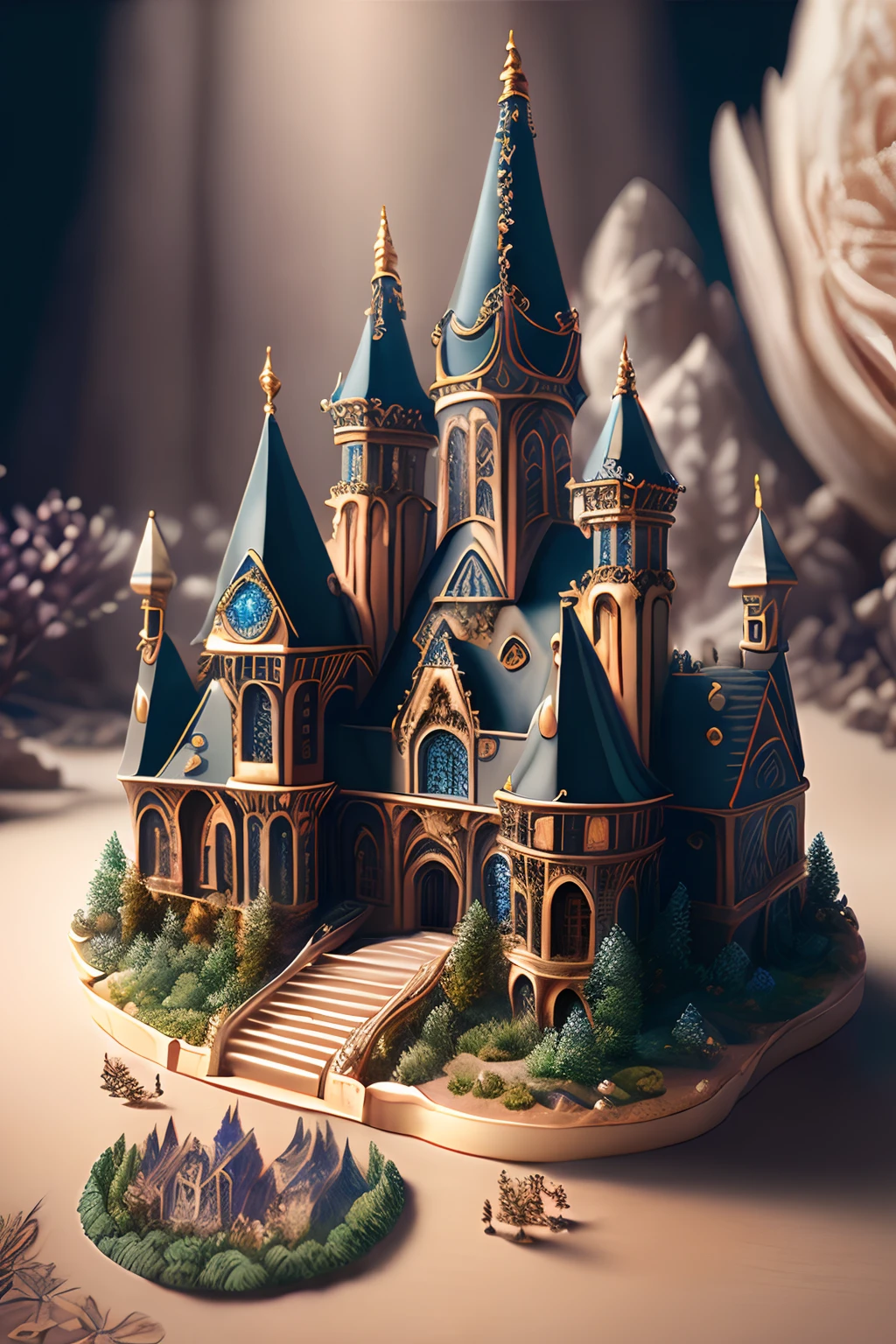 (Best quality,4K,8K,A high resolution,Masterpiece:1.2),Ultra-detailed,(Realistic,Photorealistic,photo-realistic:1.37),Fantasy world,Enchanted,Imaginative and fictional,Showcase a landscape where medieval and futuristic civilizations converge,Ceramic craftsmanship,Intricate and detailed glass castle.Details upgraded