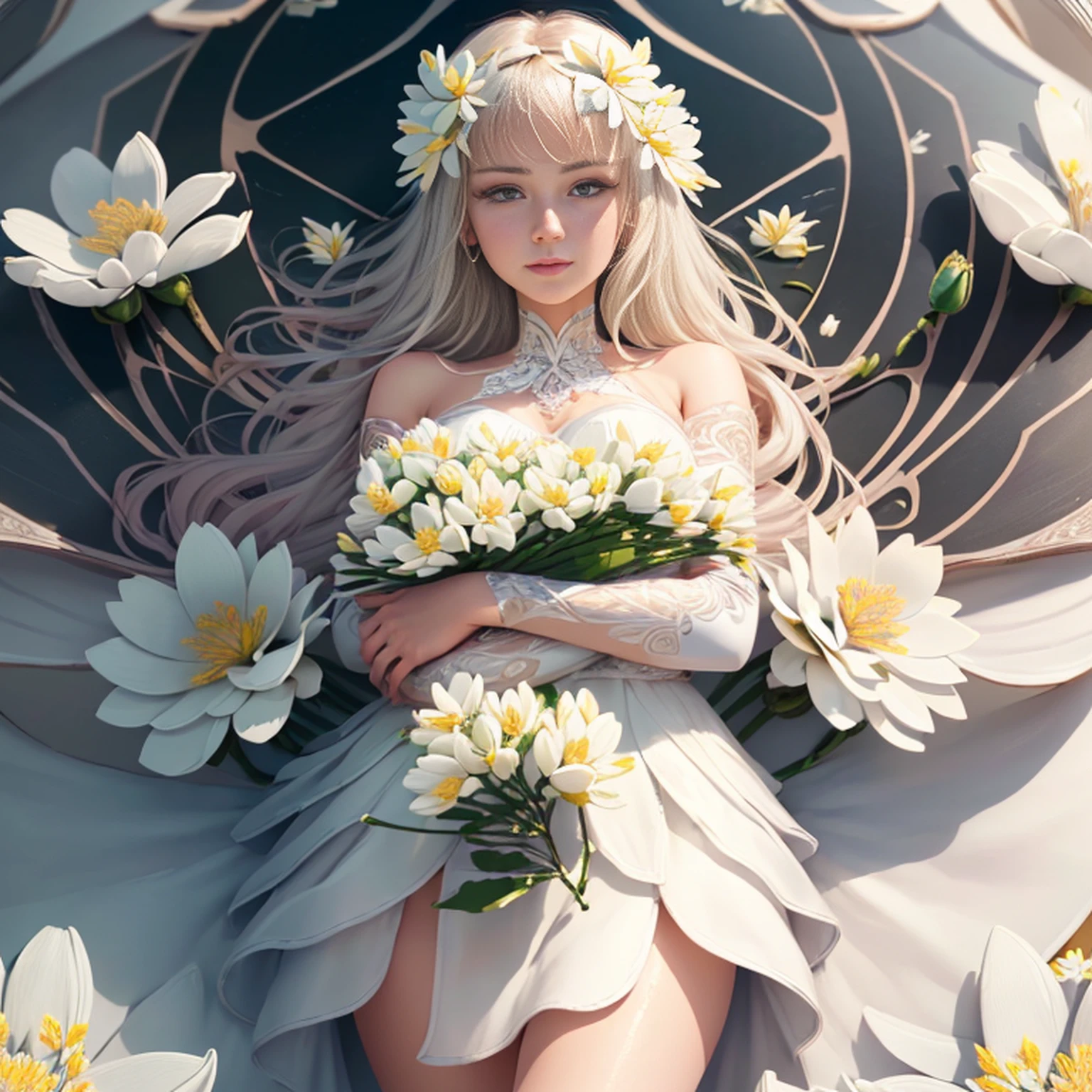 (extremely detailed CG unity 8k wallpaper), (masterpiece), (best quality:1.2), (highres), (illustration:1.1), (cinematic light:1.1), finely detailed, intricate details, (best illustration), 8k resolution, intricate details, best quality, realistic, ultra-detailed, best illumination, best shadow, ultra-HD, cryengine, ultra hd, (detailed reflection), detailed shadows, (((intricate details))), smooth, ((perfect shading)), high quality metal texture, metallic luster, highly detailed illustration, (semi realistic:1.6), (wide_shot:1.2), (from below, dutch_angle), dutch angle, ((cowboy shot)), (beautiful detailed eyes:1.1), beautiful detailed face:1.1, (realistic body:1.2), looking at viewer, (One girl hugging a giant flower, surrounded by white flowers.:1.6),