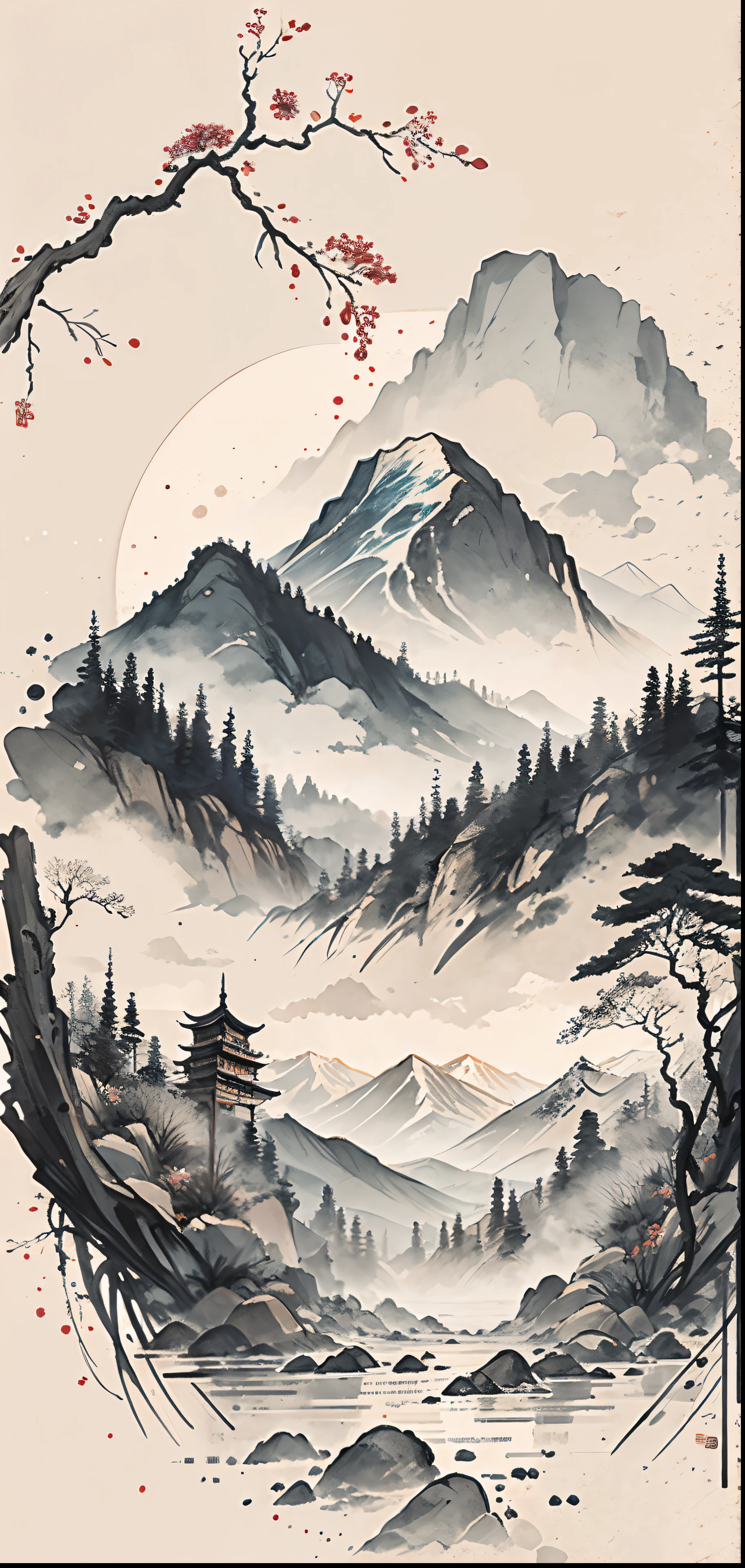 (Masterpiece, best quality: 1.2), (No_Humans), mountains in the distance, traditional Chinese ink painting, houses, tombstones, meadows
