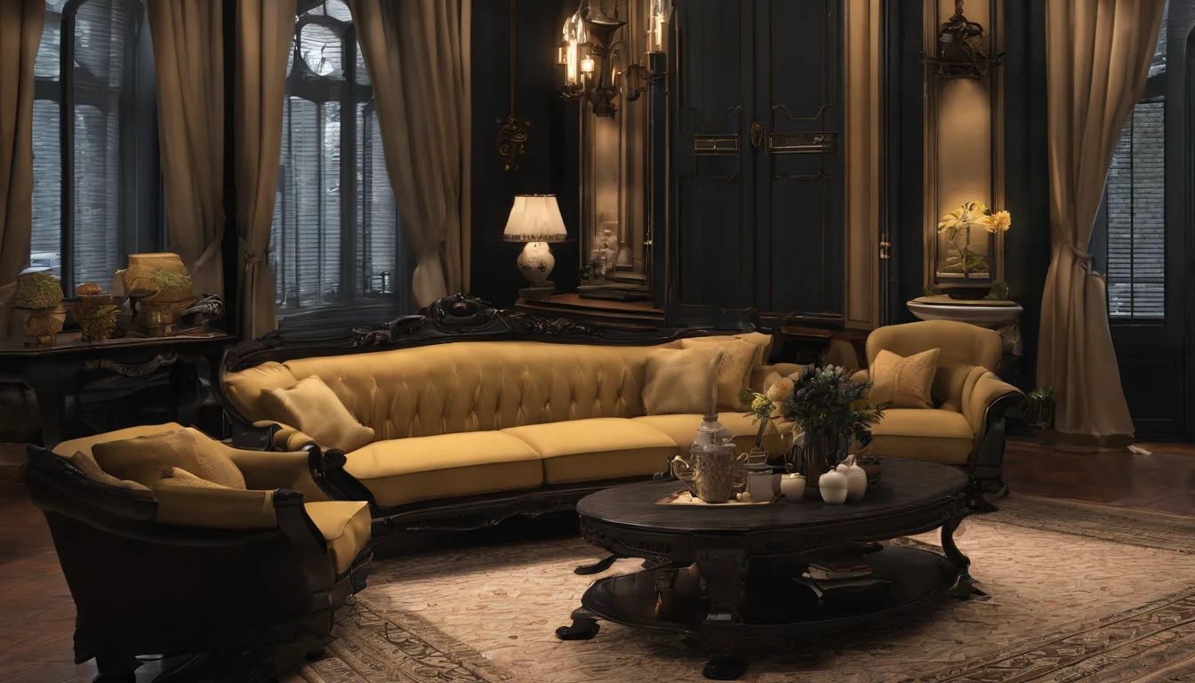 An indoor living room,There is a sofa inside,tea table,a plant,The coffee table is wrought iron in black,The sofa is white wool,Homely atmosphere,Hyper-realistic style,Lots of detail