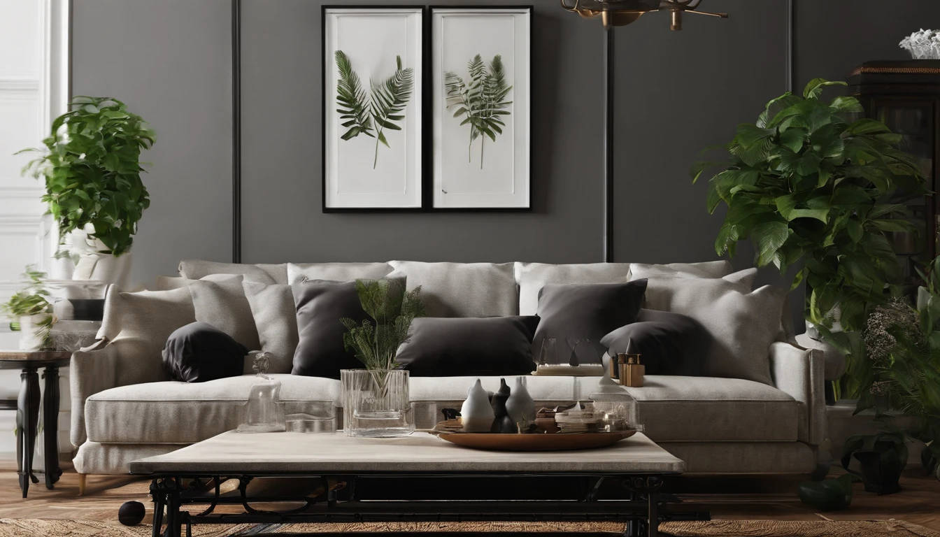 An indoor living room，There is a sofa inside，tea table，a plant，The coffee table is wrought iron in black，The sofa is white wool，Homely atmosphere，Hyper-realistic style，Lots of detail
