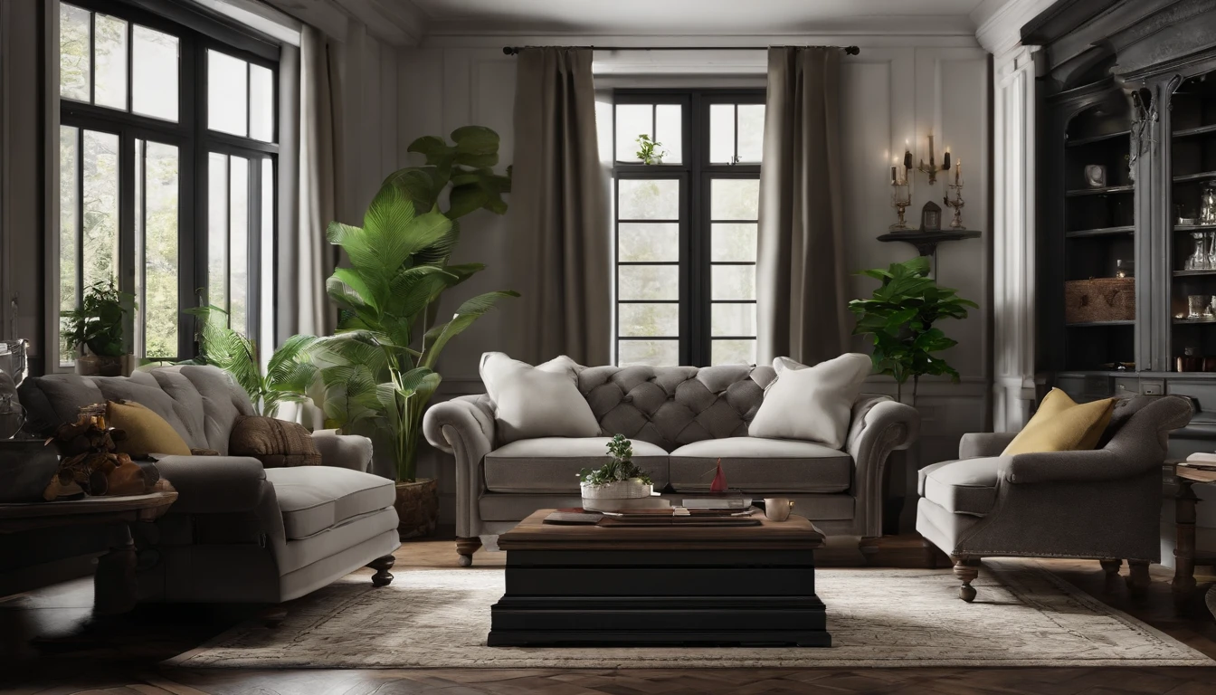 An indoor living room,There is a sofa inside,tea table,a plant,The coffee table is wrought iron in black,The sofa is white wool,Homely atmosphere,Hyper-realistic style,Lots of detail