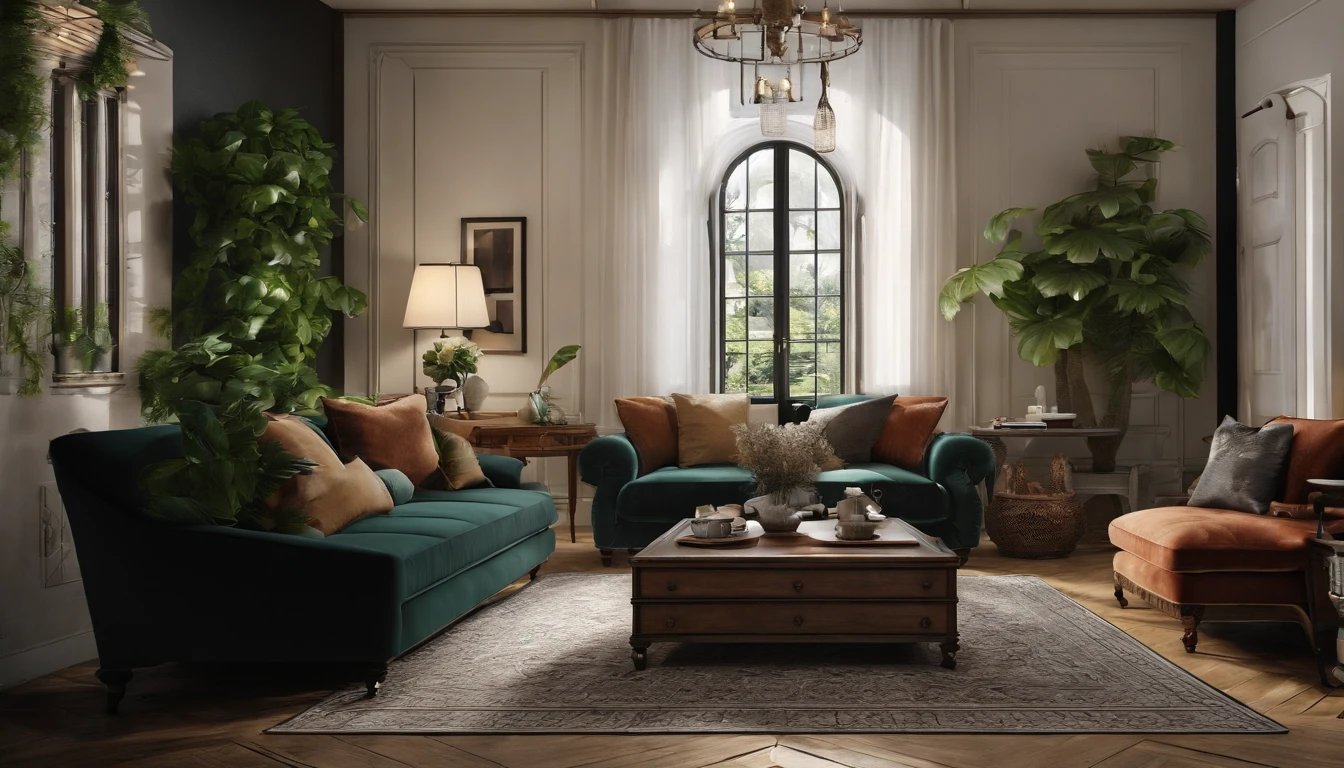 An indoor living room,There is a sofa inside,tea table,a plant,The coffee table is wrought iron in black,The sofa is white wool,Homely atmosphere,Hyper-realistic style,Lots of detail