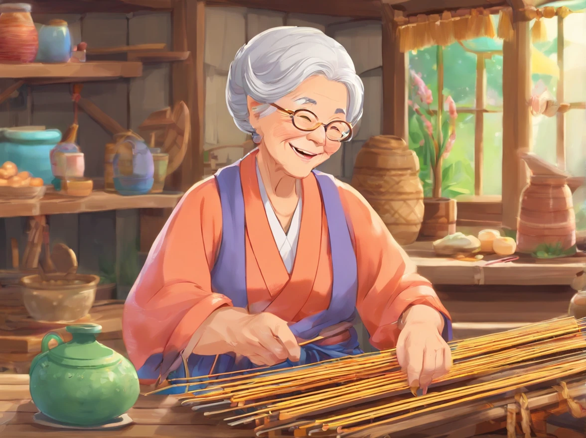 A gray-haired grandmother，Toil weaving cloth in front of a loom in a thatched hut