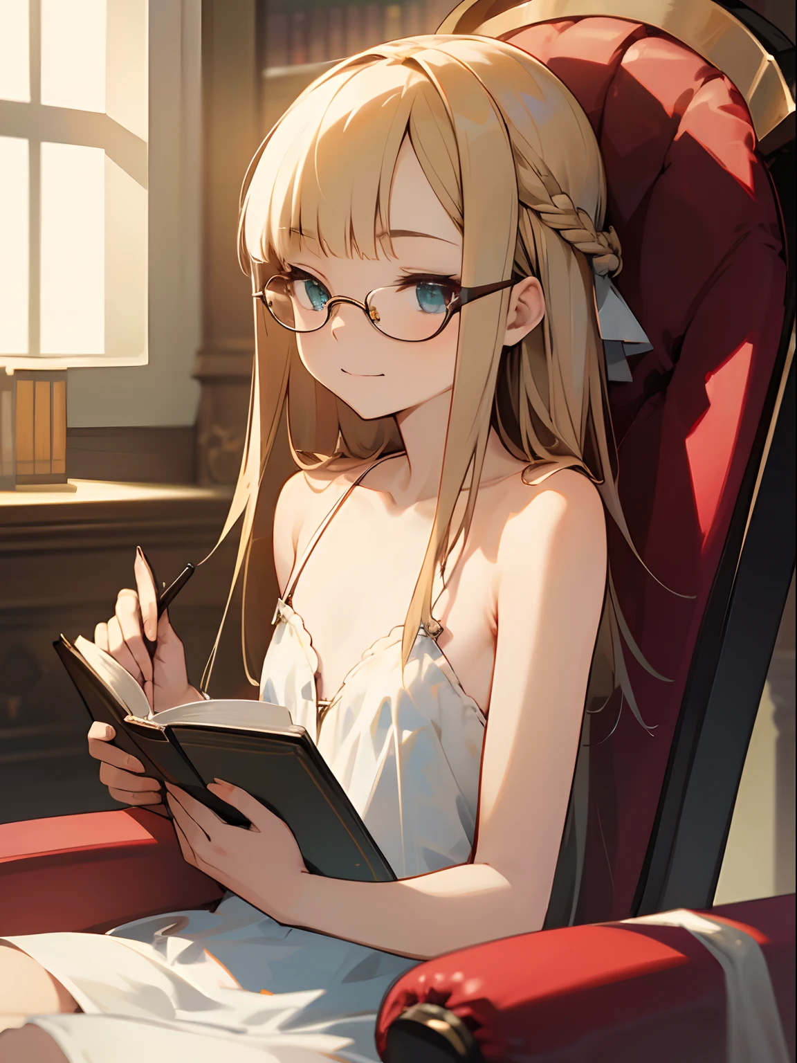 1girl, solo, high quality, best quality, illustration, masterpiece, (highly detailed:1.2), (extremely detailed:1.3), flat chest, bare shoulders, loose straps, young girl, pajamas, braid, petite, , in a library, sitting on chair, innocent smile, specular lighting, smooth skin, holding a book, wearing glasses, good girl