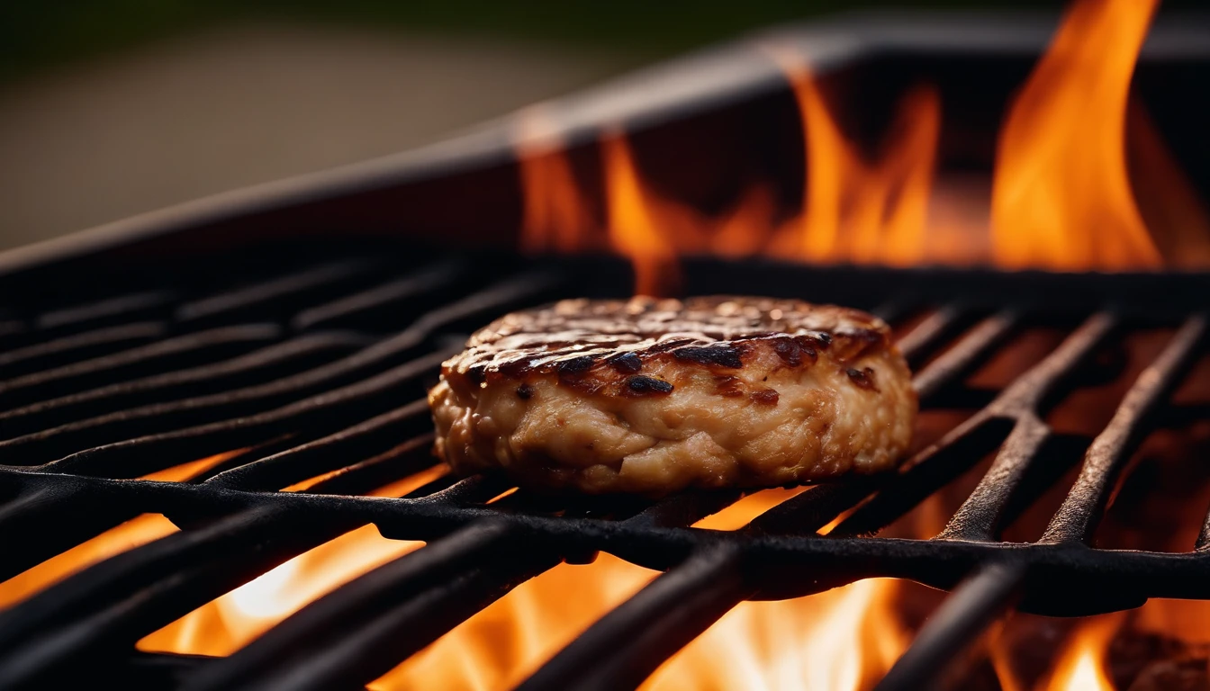 Extreme close-up of a patty flipping in the air above a grill, with sizzling sounds and golden hour light highlighting the action.