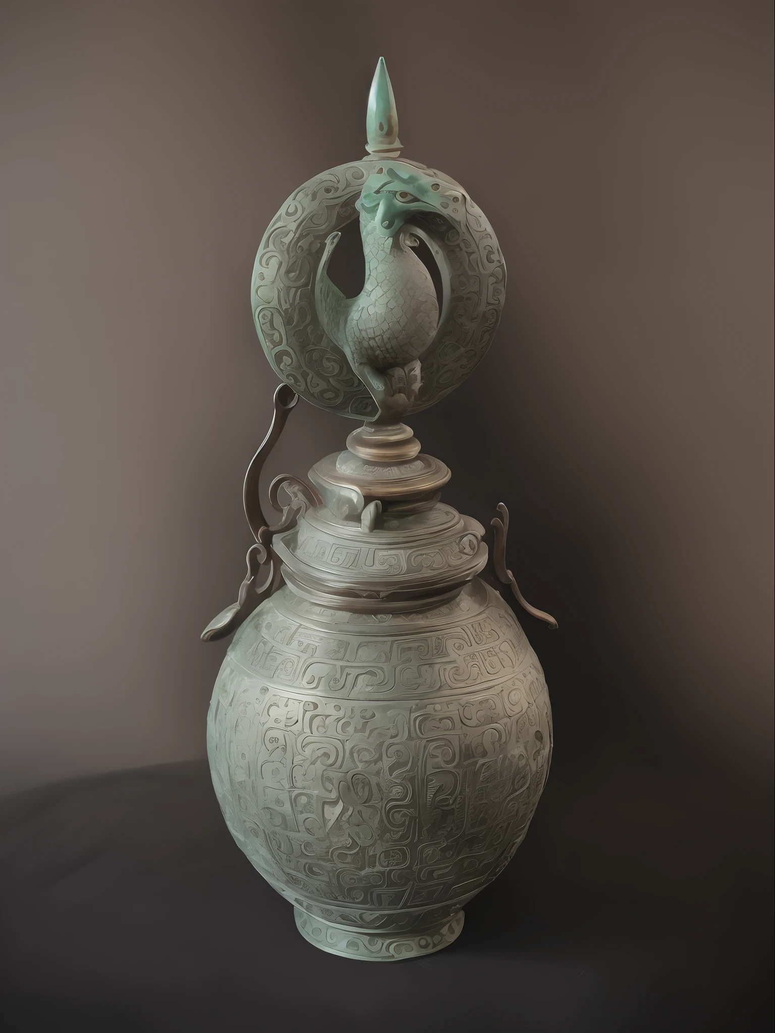There is a green bronze,There is a dragon handle on it, Dongsen bronzes, museum artifact, ancient chinese ornate, with dong son bronze artifacts, author:Wen Boren, year 2447, Maya, Wu Liu, year 3022, Chinese art, shui mo hua, An ancient, author:Phyllis Born, ancient”, year 2134