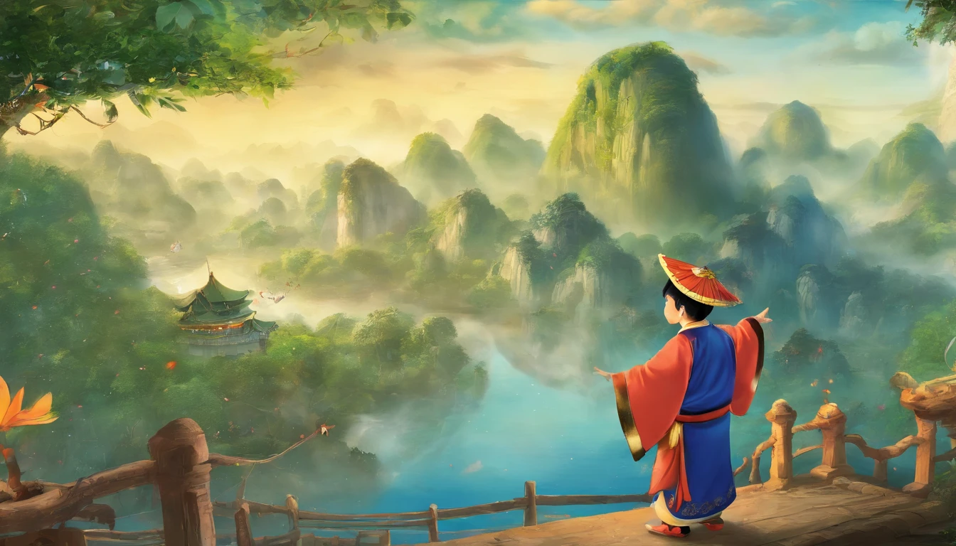 Bob is a seven or -year-Chineboy, Dressed in Zhuang costumes, He talks and laughs with his friends, Guilin scenery background, 电影灯光.