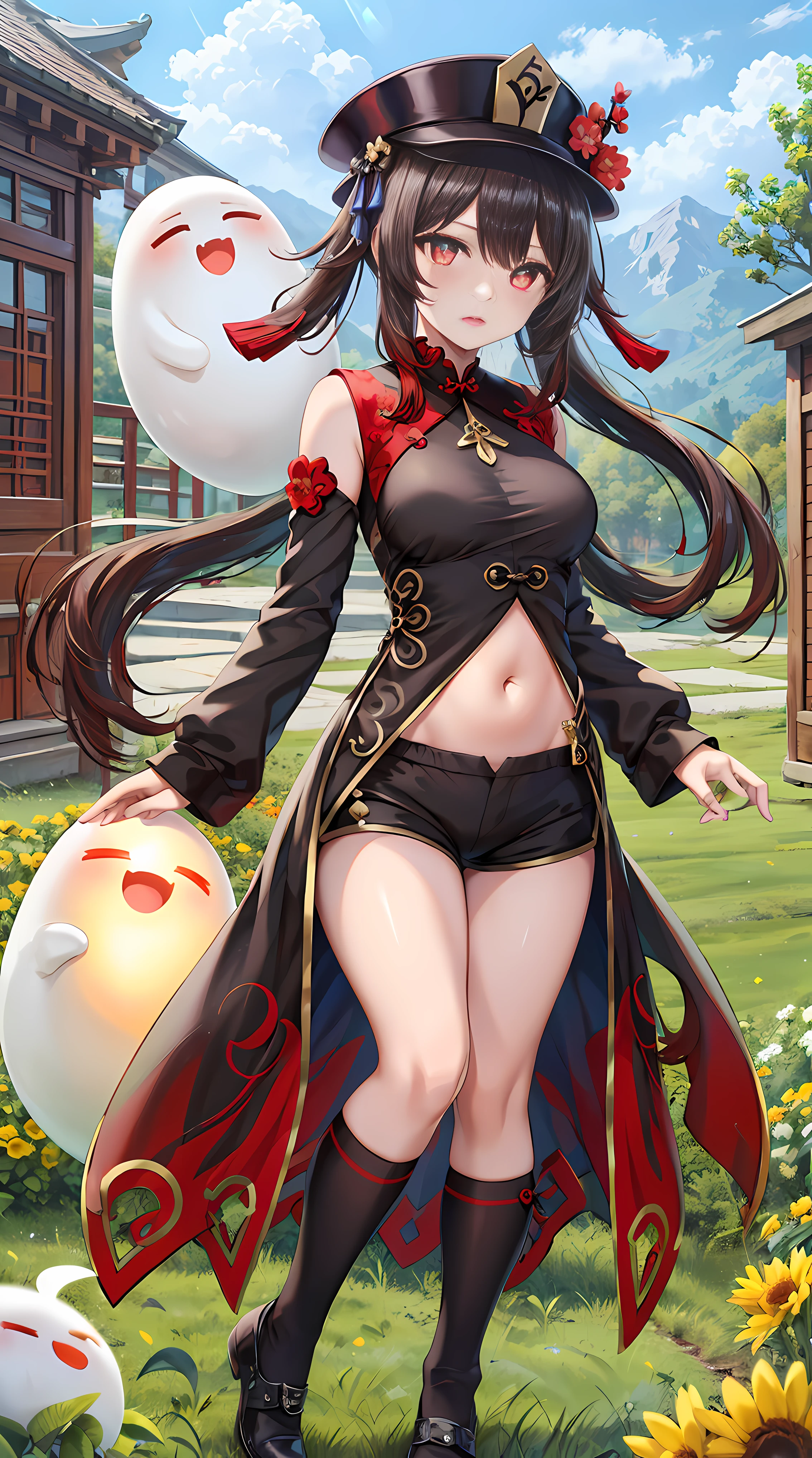 (((masterpiece))),best quality, hutao\(genshin\), 1girl,brown hair,(red eyes), (plum blossom shaped eyes), (beautiful detailed eyes), seductive smile, closed mouth, wariza/w-sitting, medium breasts, long dress,(((red dress))),long sleeves,black footwear,earrings, ((white thighhighs)), cloud, sky, beautiful detailed sky,landscape, in a meadow,