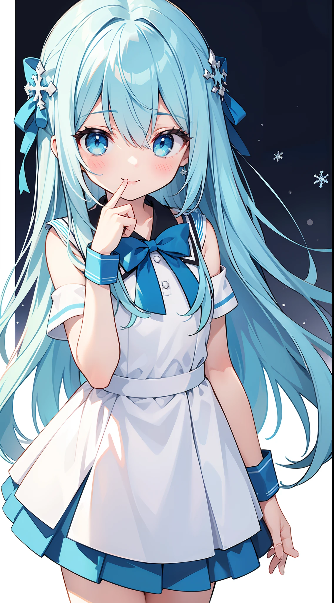 (straight-on),full bodyesbian,((White background)),standing,A girl,whaite hair,Aqua_Hair,Aqua_Eyes,Blue_Eyes, hair between eye, hair over shoulders, snowflake hair ornament, Best quality, A high resolution,(Long_Hair),White_Skirt,Blue_neck bowtie,White_sailors_dress,White_Socks,Straight hair,(smile),(hand to mouth)