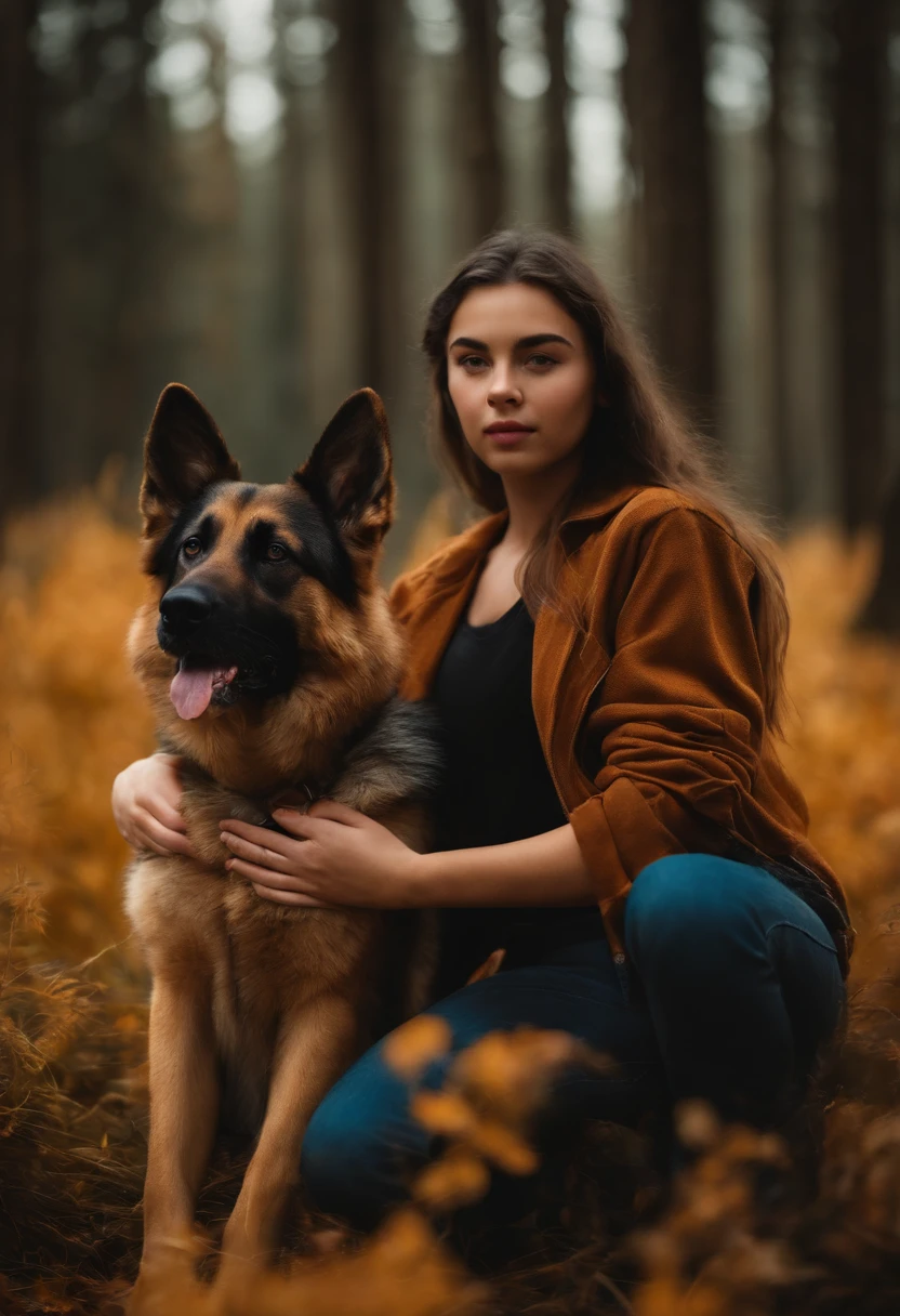 Fotorrealista de una joven granjera, 19 year old, with a German Shepherd by his side
