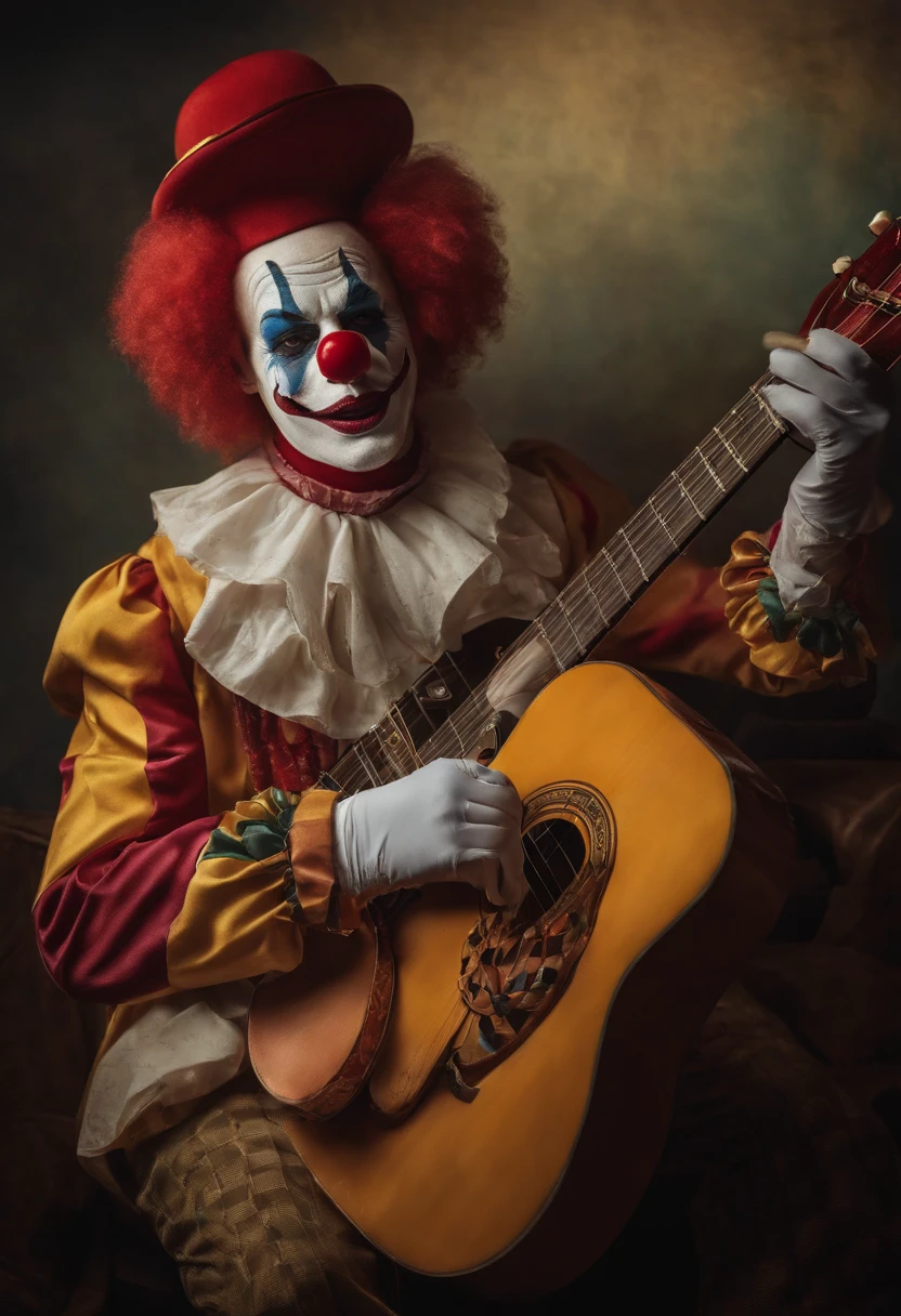 a clown playing a guitar while wearing a clown mask, a character portrait by Steve Argyle, instagram contest winner, art photography, studio photography, freakshow, #myportfolio