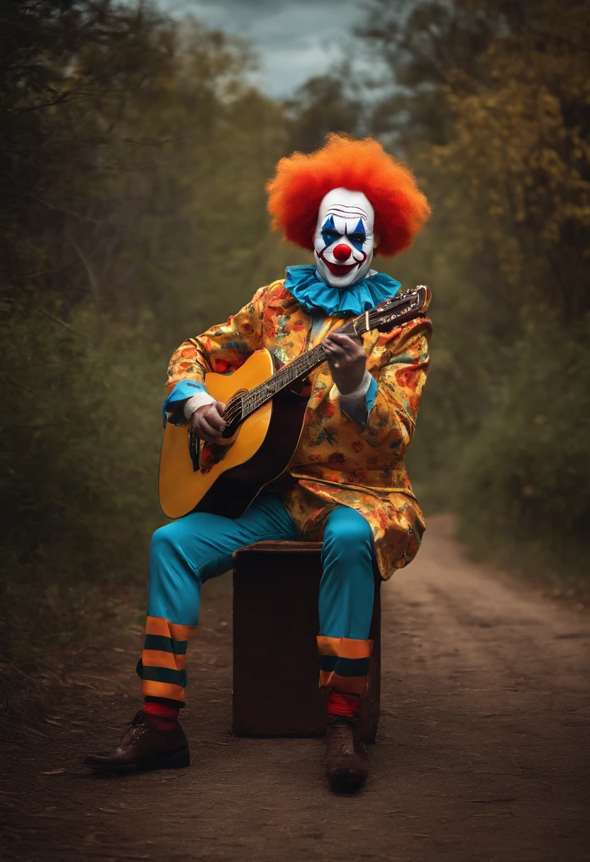 a clown playing a guitar while wearing a clown mask, a character portrait by Steve Argyle, instagram contest winner, art photography, studio photography, freakshow, #myportfolio