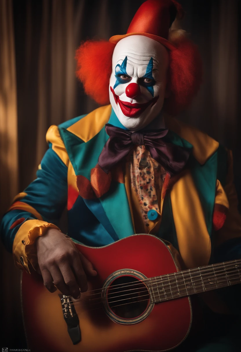 a clown playing a guitar while wearing a clown mask, a character portrait by Steve Argyle, instagram contest winner, art photography, studio photography, freakshow, #myportfolio