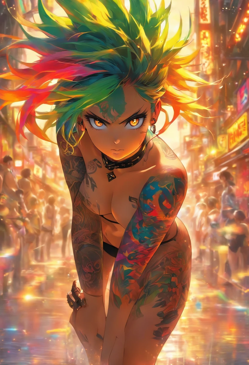 The most beautiful and attractive naked girl with no pants and no shirt, rainbow hair, yellow eyes, highly detailed ninja equipment, thousands of tattoos and piercings, detailed background, excellent masterpiece, high quality, high quality