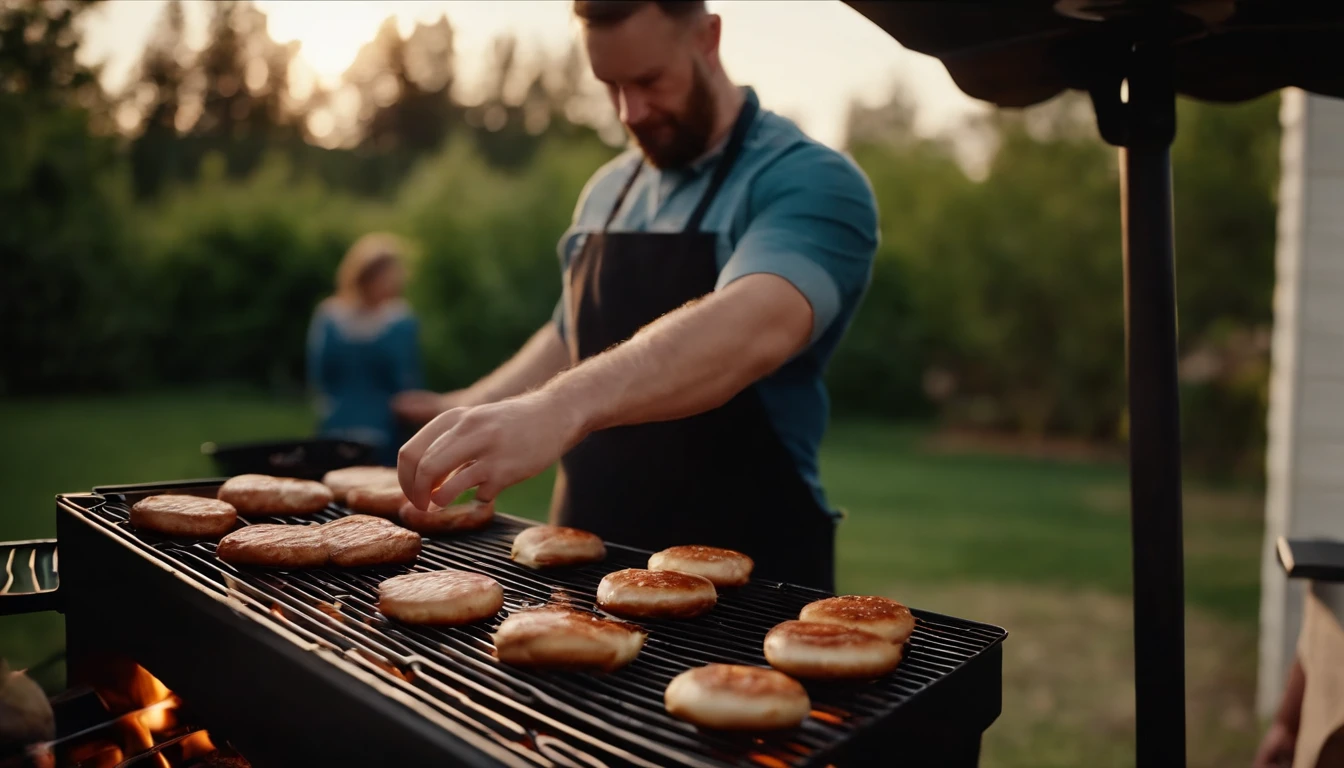 white male flipping burgers on the grill in the backyard, with close-up tracking of the grilling area and food in the golden hour light