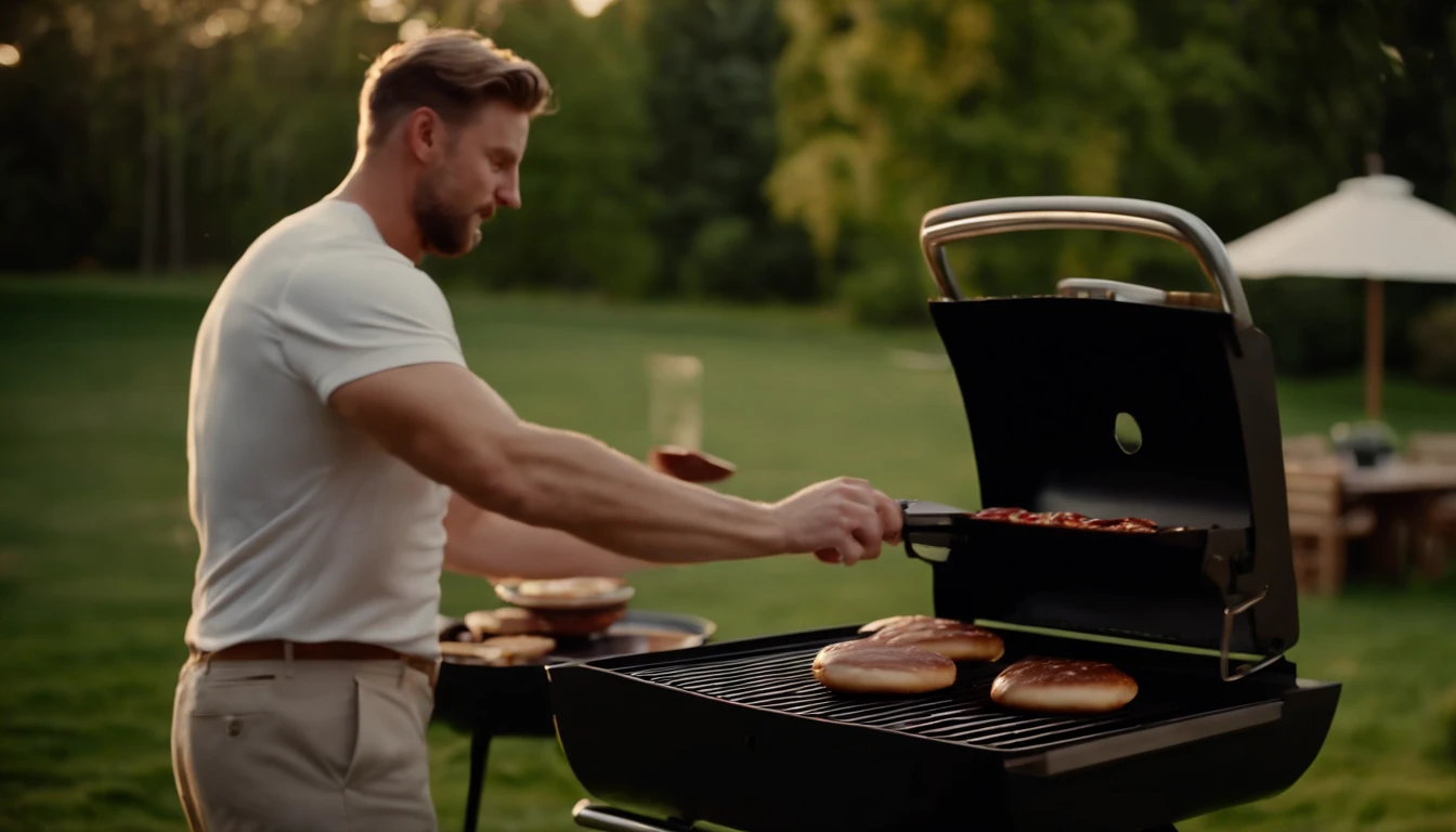 white male flipping burgers on the grill in the backyard, with close-up tracking of the grilling area and food in the golden hour light