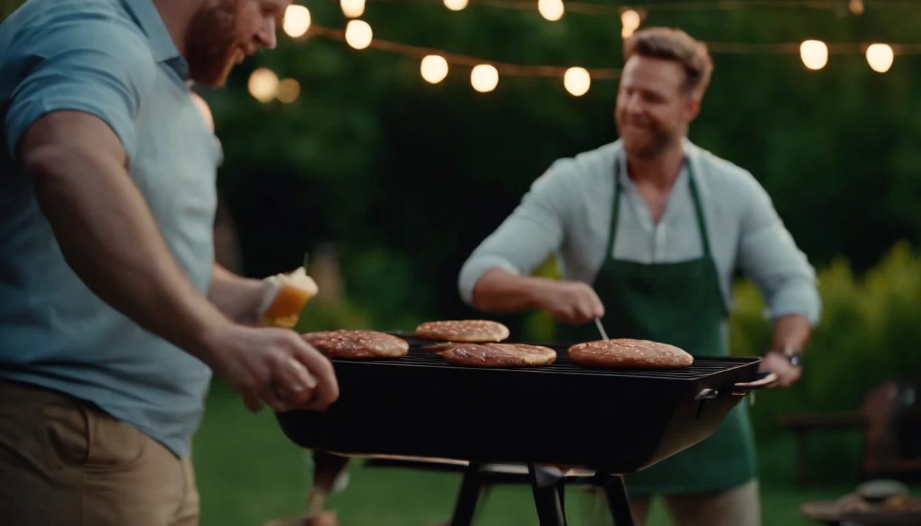 white male flipping burgers on the grill in the backyard, with close-up tracking of the grilling area and food in the golden hour light