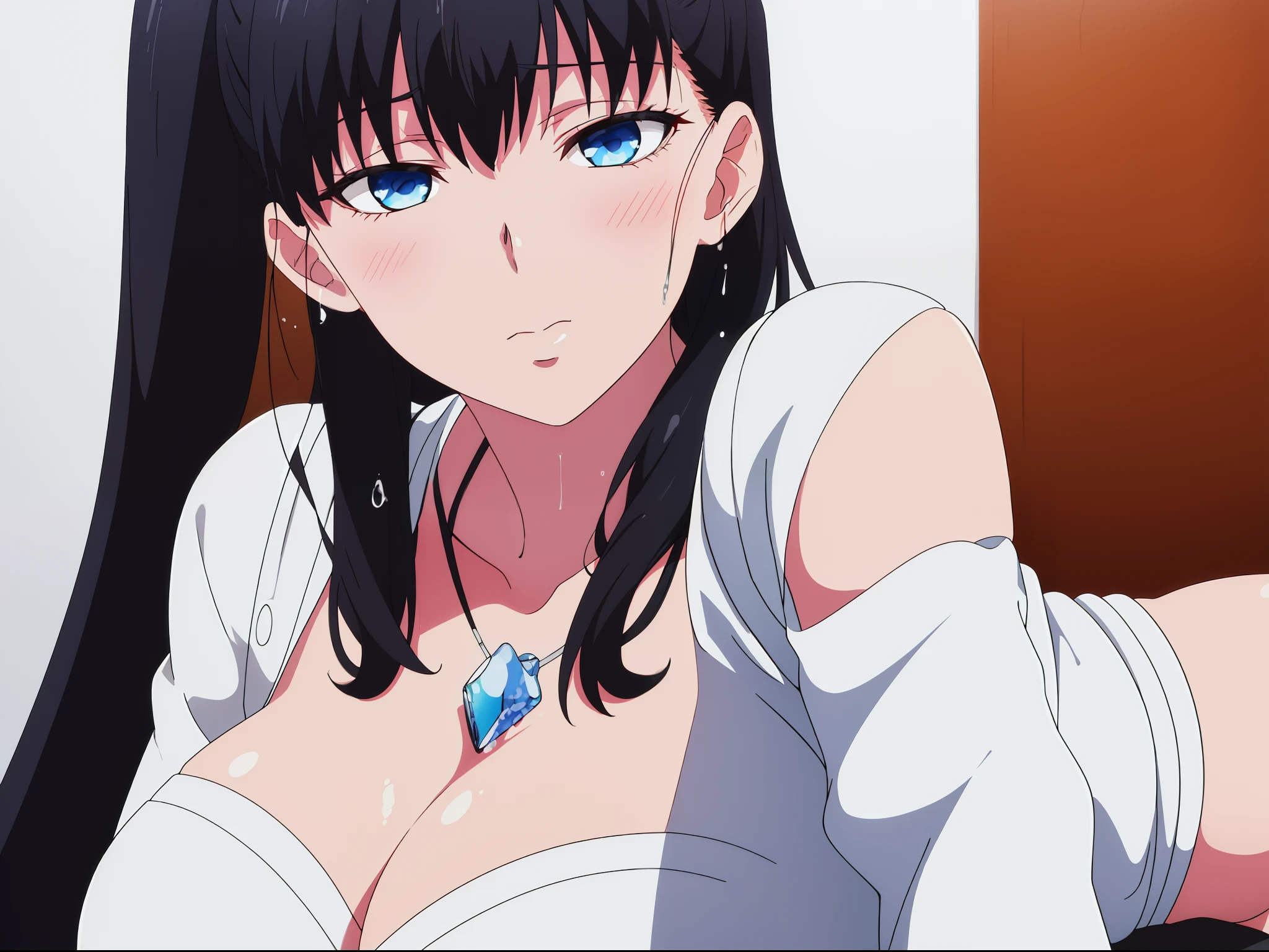 one-girl，（Wearing a maid outfit，Long black stockings，），black_Hair,Blue eyes,pony tails,bangs,Long hair, 1 girl, 20yr old,younger female,Beautiful Finger,Beautiful long legs,Beautiful body,Beautiful nose,Beautiful character design, Perfect eyes, Perfect face,Expressive eyes,Perfect balance, view the viewer,(Focus on her face),(Innocent_Swallowing_Eyes:1.0),(Light_Smile:0.3), offcial art,Extremely detailed CG unifies 8K, 8K, Diamond, and wallpaper, Perfect lighting,Colorful, Bright_Front_face_lighting,White skin, (Masterpiece:1.0),(Best_quality:1.0), 超A high resolution,4K,Ultra-detailed, Photography， 8K， hdr， （Wearing black stockings），（In the rental house，sitting in the couch， ），A high resolution， absurderes：1.2， Kodak Portra 400， filmgrain， The background is blurred out， Bokeh：1.2， Lens flare， （vibrant_Color：1.2），profesional photo，(Beautiful_face:1.5),(Narrow_waistup),（medium boob，Be red in the face，Blushlush，perspire，full of sweat，Enchanting expression，The chest is exposed，very uncomfortable expression），（The face is very red，Blushlush，shyexpression，A thick necklace is worn around his neck），（（（Spray water onto face，Spray water onto face）））