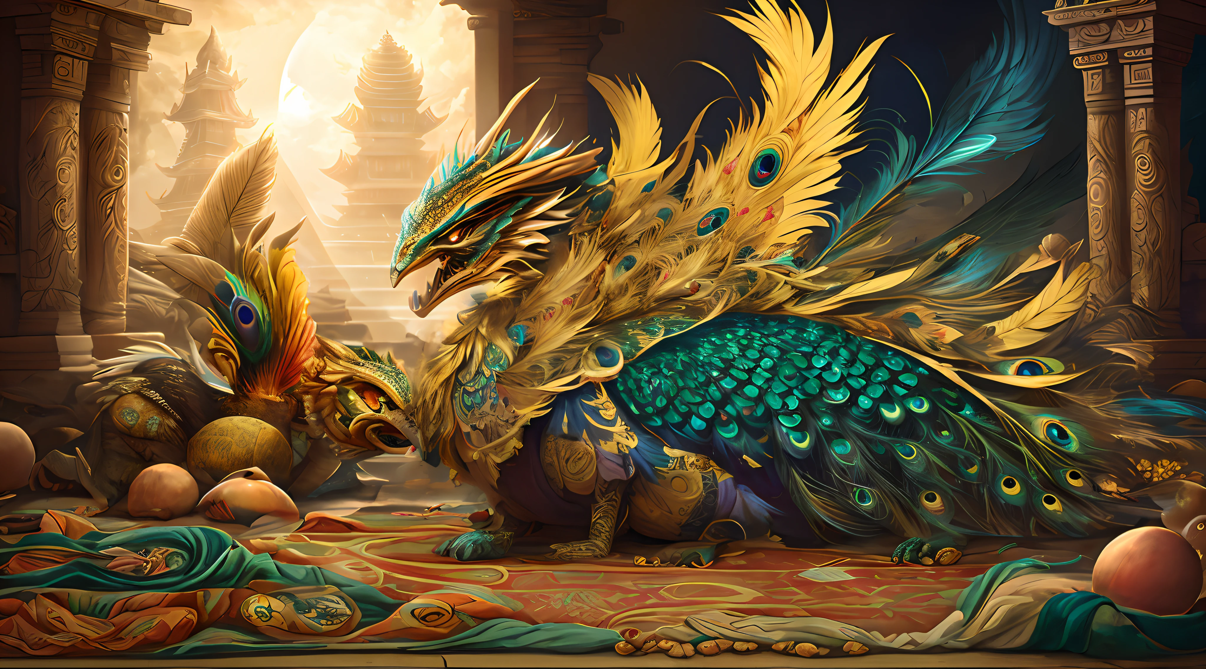 Dunhuang costumes，fatness，Belly to the ground，Overgrown with dense Chinese phoenix peacock feathers，The long，rot，de cor laranja，yellow，blue，blanche，golds，Connect with nature