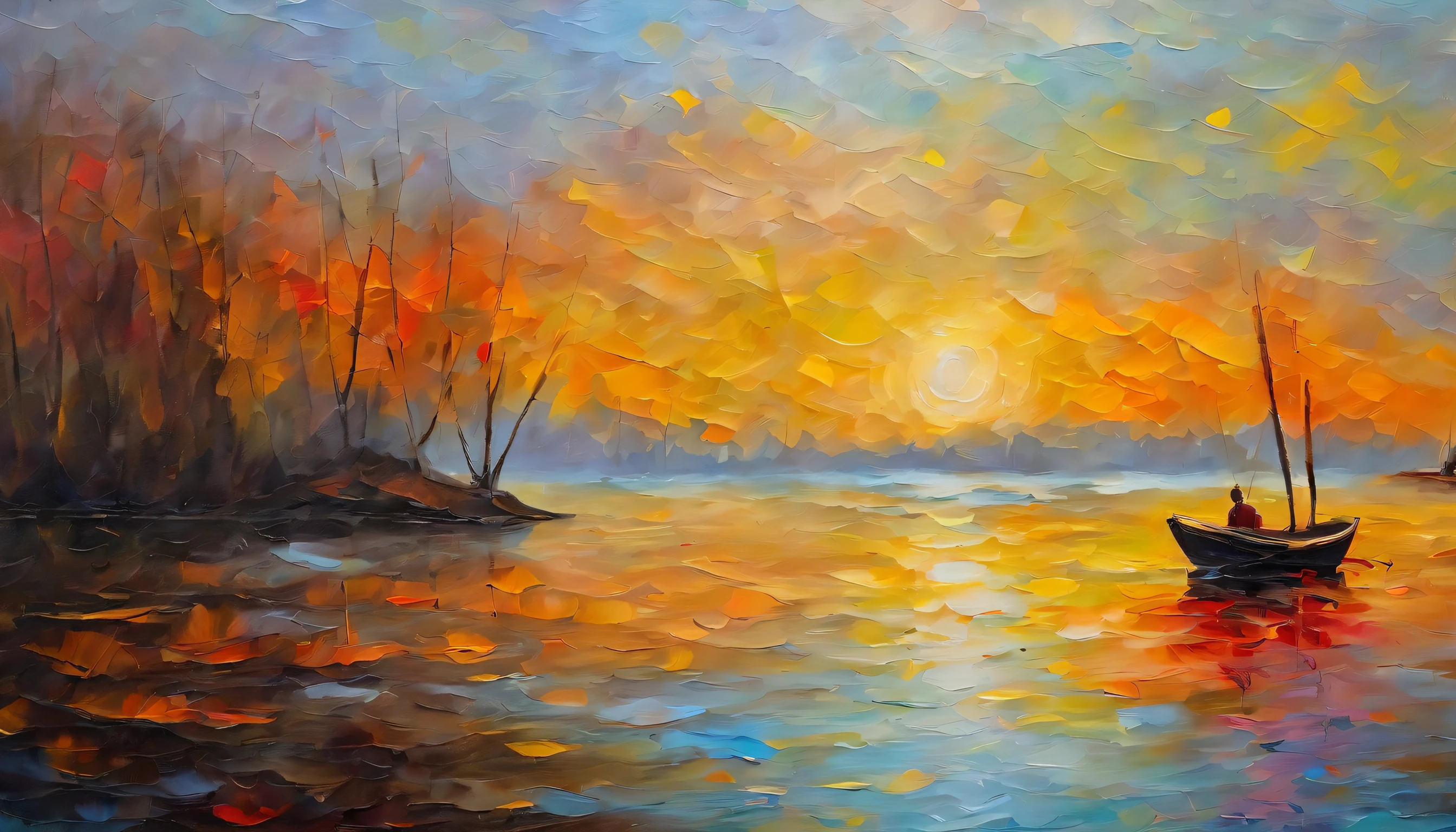 (melhor qualidade, high resolution, master part: 1.2), scenic view, pintura cativante, pinceladas requintadas, Rio calmo, atmosfera tranquila multicolorida, Silhouette of close fishing boat reflecting in the water, Soft morning sunlight, Destaques luminosos , (brilho: 0.7), beautiful scenery