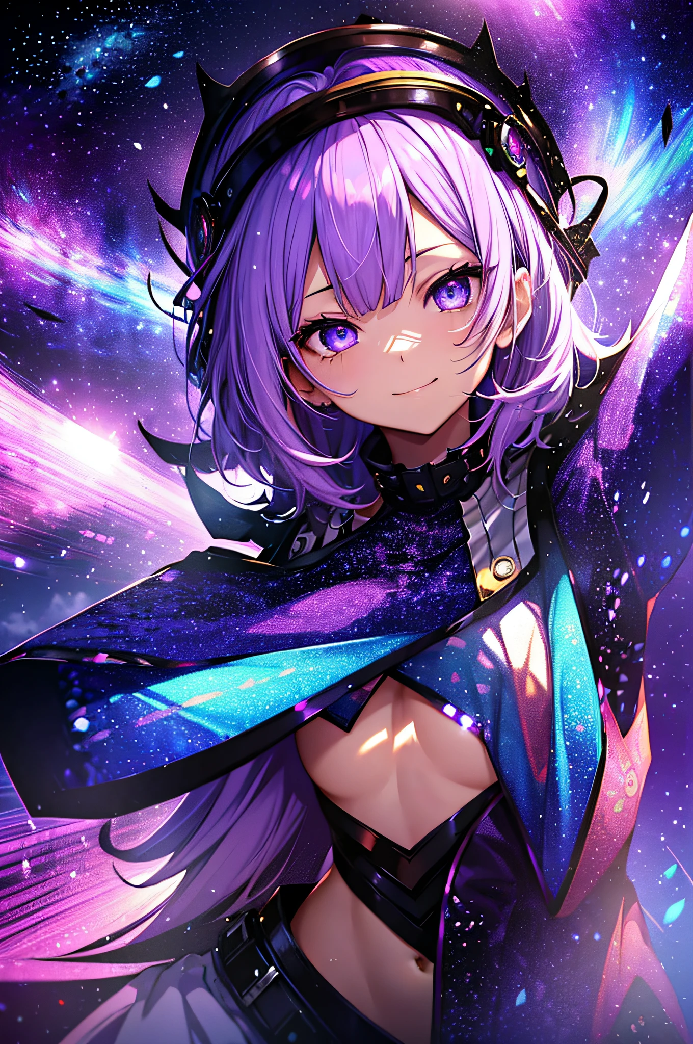 (masutepiece:1.3), (Best Quality:1.3), High resolution, Couboy Shot, on back, Sleeping, (One Cute Girl:1.3), Solo, White skin、 huge smile、Angel Ring、eight-headed person, Purple hair, (bobhair:1.2), Mixed mesh and light blue、Short hair, (Blunt bangs:1.2), Beautiful hair, Eyes are purple, Miraculous Eye、Beautiful detailed eyes, ultradetailed eyes、Glitter eyes、octans,cloud,from the rear、Colorful starry sky,Stars,Iridescent aura around the eyes、Squat position、thrust out one's hip、Iridescent eyes、Narrowed eyes sucked in,Wearing a rainbow-colored aura from the whole body、purpleish color, Outdoors, Purple background, Shadow lighting,perfectbody