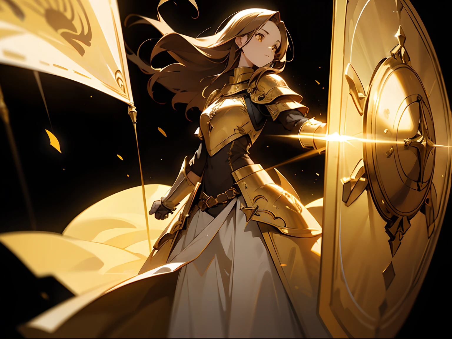 1 Woman with Long Brown hair and Golden Yellow eyes, Wearing White Armor, Majestic, Warrior, Holding a Metal Shield, Medieval Shield, Golden Aura around Woman, Only 1 Women in picture, Black Background, Studio Lighting