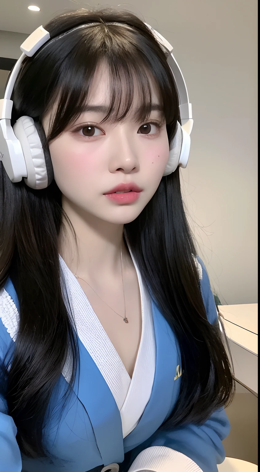 a close up of a person wearing a headset, she has black hair with bangs, belle delphine, bao pham, inviting posture, bet face, tie, calvin klein, adrian, 240p, cute top, bixbite, overlay, johnson ting, bigger forehead, k_euler_ancestral, robe. perfect face, aquarius, jimin, ice