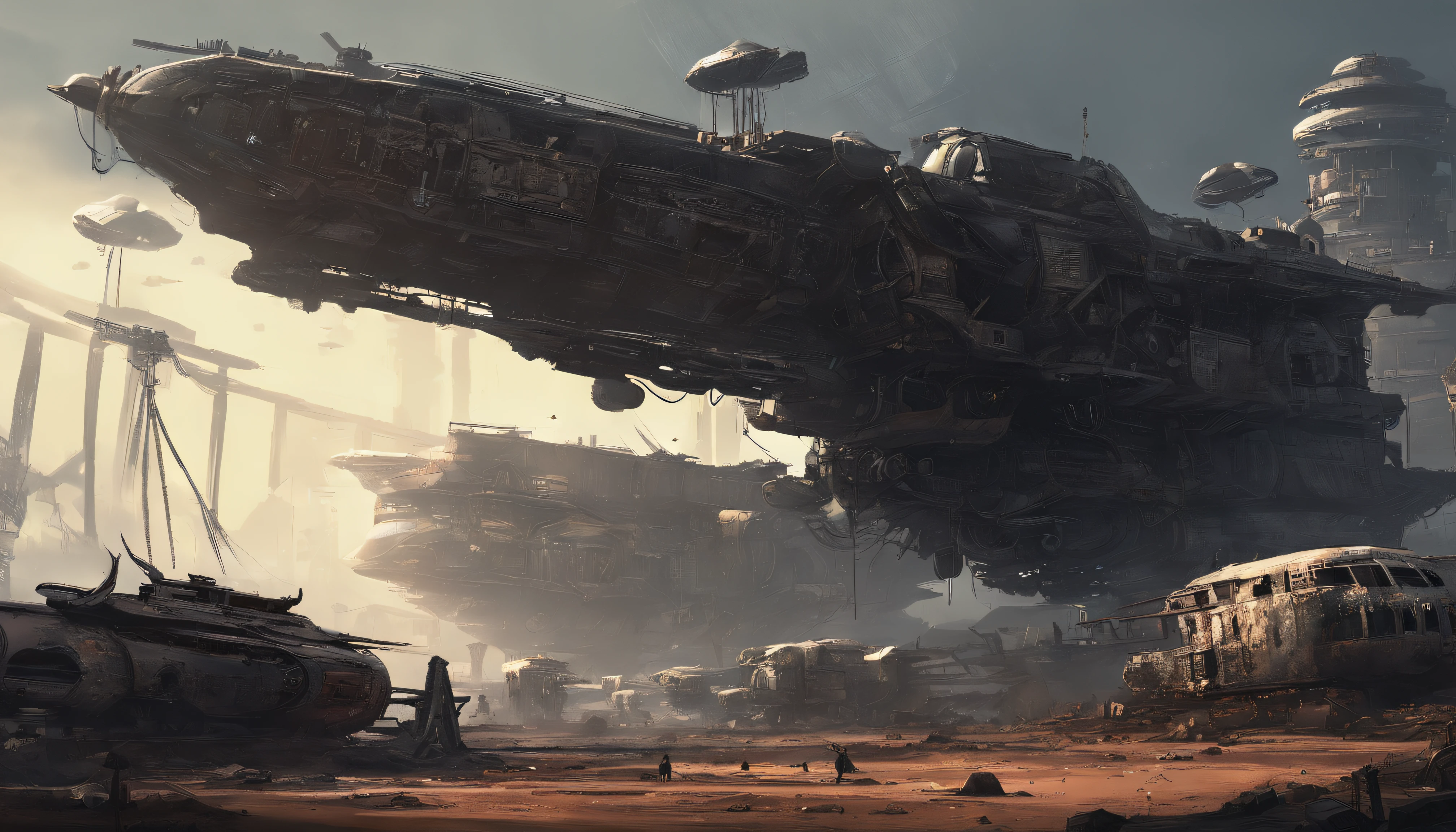 Post-apocalyptic wars, dark atmosphere, darkly, Dilapidated spaceship, Mechanical patches, Japanese styly, spaceship junkyard