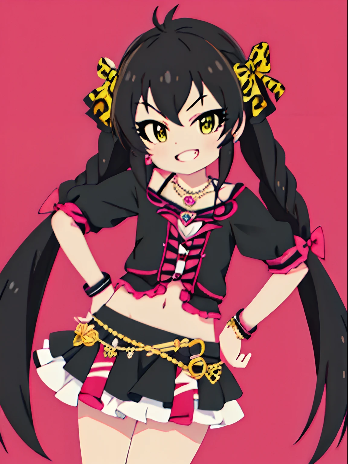 Best Quality, masutepiece, hight resolution, Solo, {of the field_Risa_The Idolmaster Cinderella Girls SU149:1.15}, Black_hair, long_hair, Twin-tailed, yellow_Eyes, bow ribbon, hair_bow ribbon, Jewelry, Necklace, hair_Bland_Eyes, 1girl in, 鎖骨, The upper part of the body_Body, Open_Mouth, Red_Background, It features a simple_Background, Bangs, Farbe_aberration, Highly detailed and realistic CG, Colorful, Masterpiece, Best Quality, jewel-like eyes, 1girl, solo, A dark-haired, long twintails, Leopard print ribbon, Hanging, ite, chi2 yearsostume, miniskirt, loose socks, navel, flat chest, smirk, grin, open mouth, closed-half eye, contrapposto, hand on hip, idol shoes,