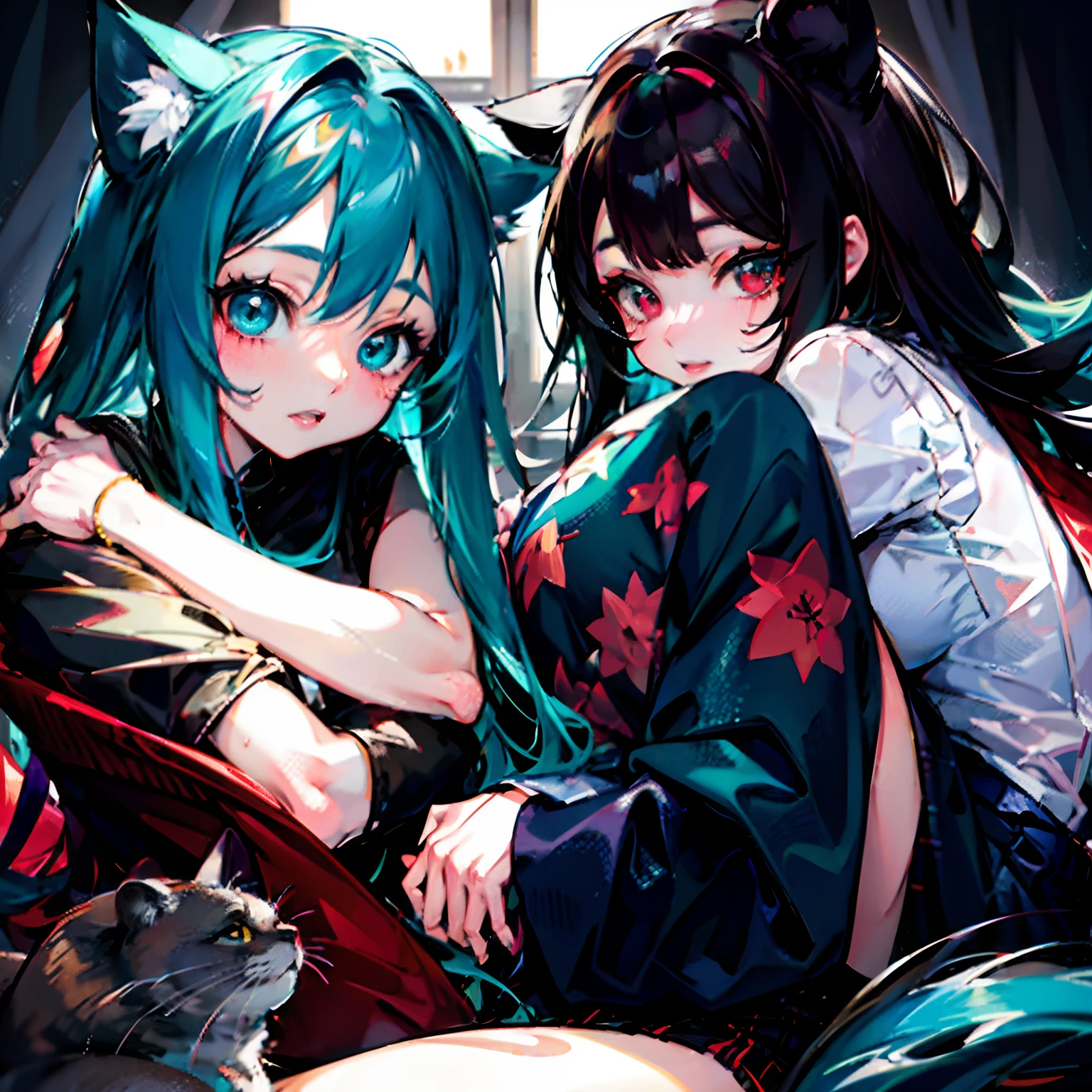 anime characters sitting on a bed with a cat, artgerm and atey ghailan, wlop and sakimichan, jazza and rossdraws, anime girls, trending on artstation pixiv, two beautiful girls with teal and black hair anime, kawacy, rossdraws and jazza, at pixiv, by Kamagurka, top rated on pixiv,