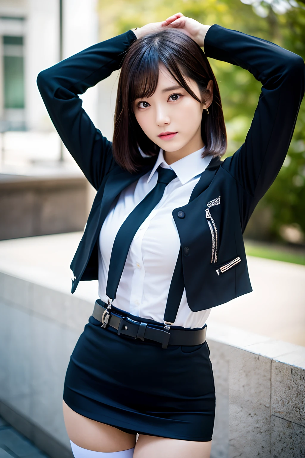 (masutepiece:1.2),High quality,vivd colour,flat-colors,Deep Depth Of Field,Lens Flare,1 girl,Black hair,eyecontact,Suit,Collared shirt,Belt bag,suspenders,Professional,Office Lady,Mature Women,Black mini skirt garterbelts knee high Stockings Black Niso Colorcon armpit sweat perspiring Side of both hands,Black jacket,Gaze,ample bosom,Armpit sweat,Exposing the armpits"Pichi Pichi clothes