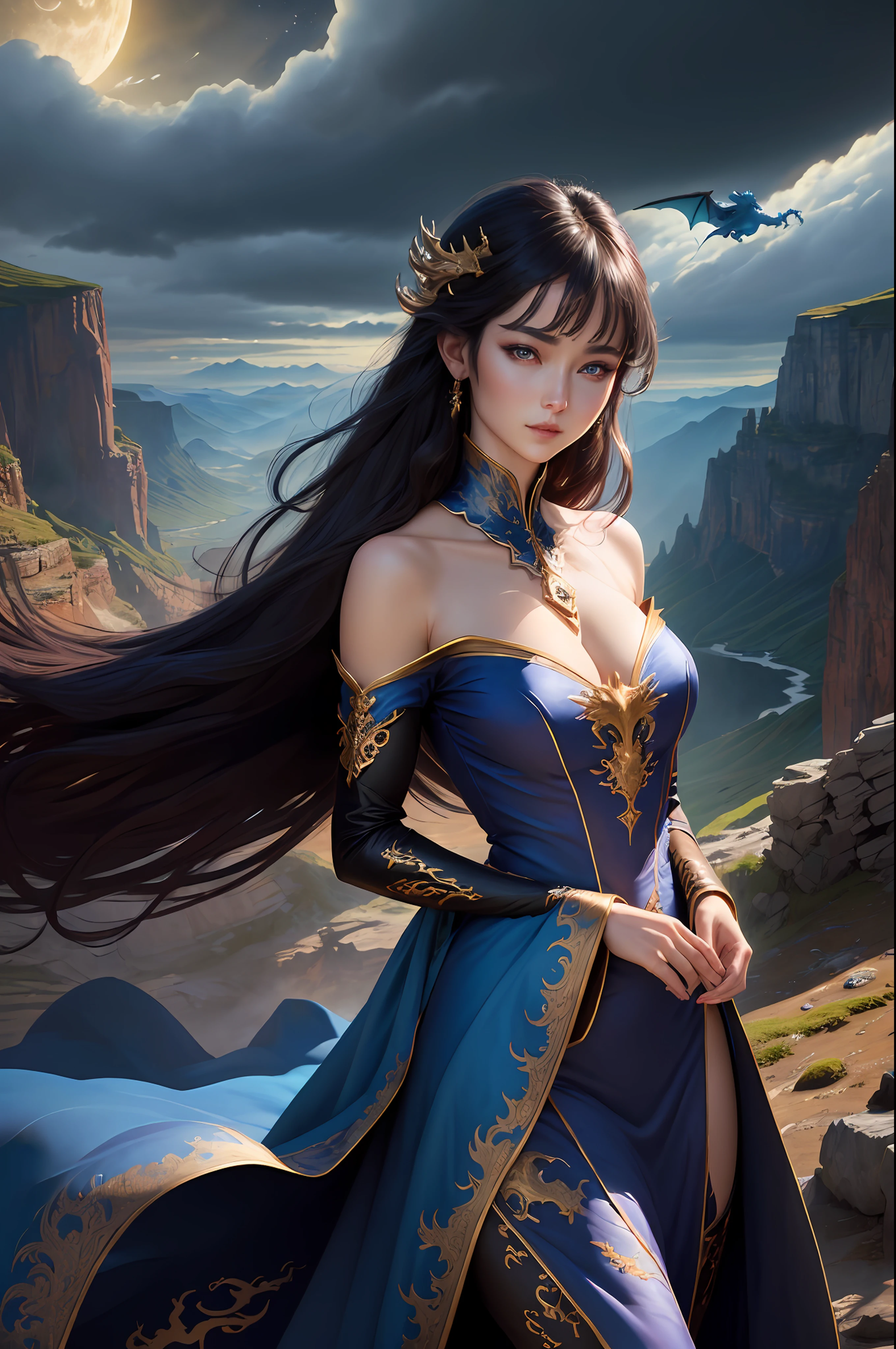 ((best quality)), ((masterpiece)), (detailed), dragon emperatriz, realistic eyes, black hair, blue eyes, small breasts, sensual korean setin dress, evil landscape, ethereal beauty, (fantasy illustration:1.3), charming look, captivating pose, solo girl, supernatural charm, mystical sky, (anime), moonlit night, soft colors, (detailed cloudy landscape:1.3), (high resolution:1.2) (bluish dragon flying in the sky) dressed, on a hill, An army passing far away in a gorge below.