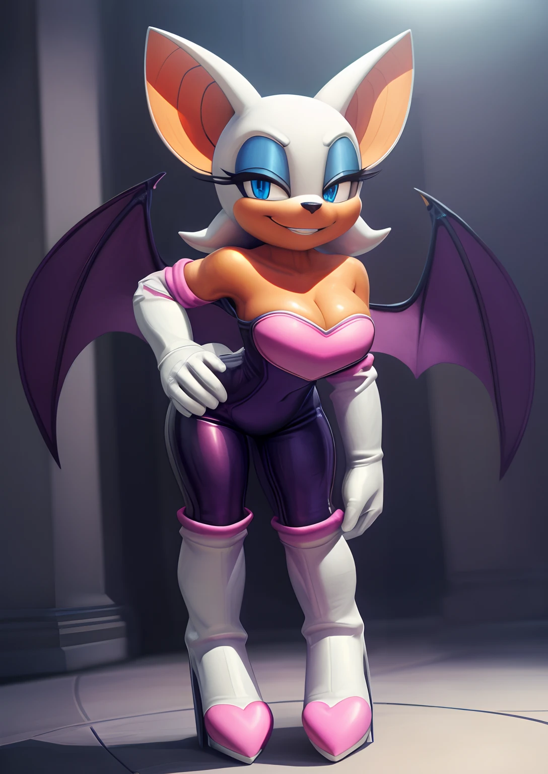 [Rouge the bat], [Uploaded to e621.net; (Pixelsketcher), (wamudraws), (napalm_express)], ((masterpiece)), ((HD)), ((High Quality)), ((furry)), ((solo portrait)), ((front view)), ((full body)), ((detailed fur)), ((detailed shading)), ((cel shading)), ((beautiful render art)), ((intricate details)), {anthro, (white fur), (orange skin), black nose, bat ears, cute blue eyes, (blue eyeshadow), short tail, (gorgeous hips), (beautiful legs), (smug grin)}, {(black spandex bodysuit), (pink heart on chest), (cleavage), (white gloves), (white knee-high boots), (heels)}, {(standing), (bend over), (looking at viewer)}, [background; (museum), (ambient lighting)]