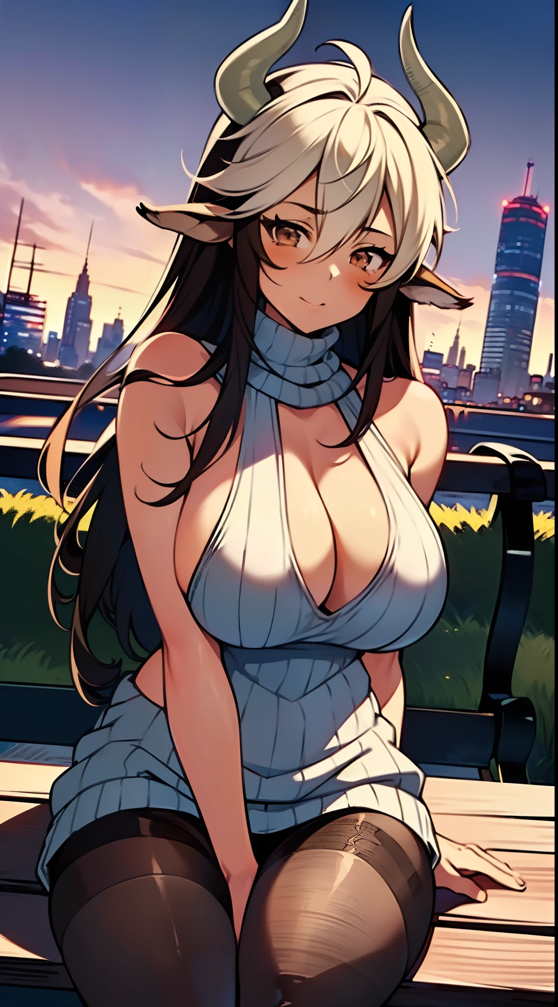 masterpiece, best quality, extremely detailed, anime art style, 1girl, mature female, solo, (dark-skinned female), (gigantic breasts), ((two tone hair, long hair, brown eyes, cow ears, cow horns)), parted lips, (((virgin killer sweater, black pantyhose))), light smile, (closed mouth), arms behind head, ((sitting on the bench, futuristic cityscape))