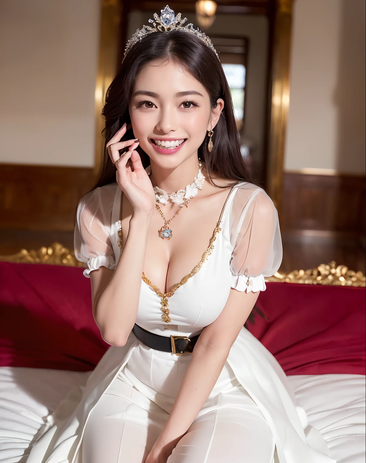 ((Princess of the Japan,Pretty Princess,Phenomenally cute schoolgirl,The cutest woman,goddess of Japan, bulging chest,large full breasts,)),((a hyperrealistic schoolgirl,Elegant and beautiful uniforms,Elegant décor,jewel decorations,Sparkling tiara,artistic décor,Gorgeous uniforms、Princess,Women's Uniforms,Gorgeous and elegant uniforms,Luxury beyond imagination,The most gorgeous decorations in the world, Decorated with many ornaments,Golden decoration),((g Lying on a gorgeous bed and staring at us,Lying in bed,The most gorgeous bed,Luxurious royal VIP rooms,The most gorgeous room in the world,The most gorgeous decorative bed,The whole room is gorgeous beyond imagination)),(((See the perfect camera here,Big smile,Clean teeth,perfect teeth,White teeth,finerly detailed face,Quality and beautiful face,Clear and beautiful face,Perfect gas chamber,Perfect fingers,Perfect hands,Accurate 5 fingers)),Top image quality,8K,SLR Camera Photography,professional photograpy,Realistic quality