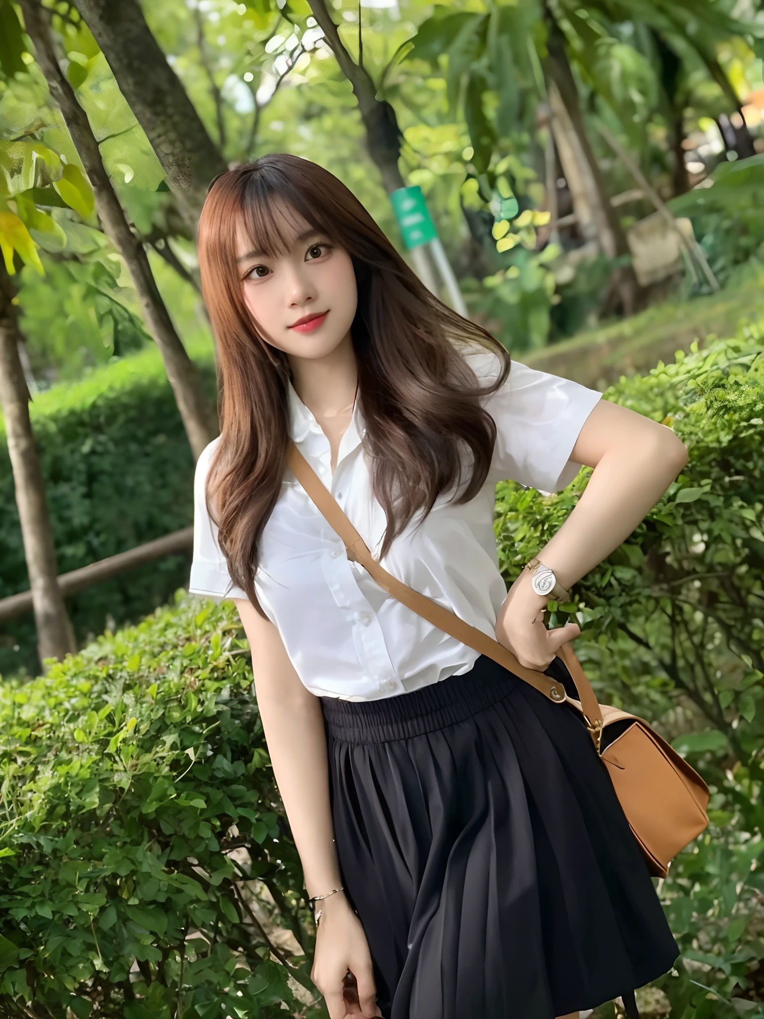 a woman in a white shirt and black skirt posing for a picture, dang my linh, Profile image, mai anh tran, Anime Thai girl, Avatar image, chiho, young and cute girl, nivanh chanthara, profile photo, in style of lam manh, Profile picture, Ruan cute vtuber, personal profile picture, With long hair