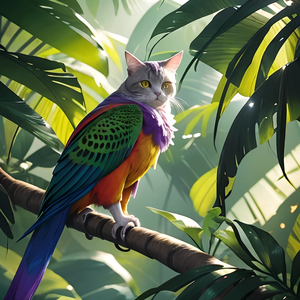 a cat who thinks it's a parrot,fluffy,feline,curious,playful,parrot-inspired colors,feathers and fur seamlessly blended,cat's green eyes shining,sharp claws,pouncing on branches,purple and blue background,whiskers twitching,hanging from a perch,purrr-rotting itself,paw prints on its feathers,cat-shaped mirror reflecting its image,parrot beak meowing,climbing up a tree,leafy tail,a jungle setting,sunlight filtering through the leaves,dappled lighting,bird feathers scattered on the ground,bright and vibrant palette,realistic details,high-resolution image,painting-like texture,photorealistic rendering,vivid colors,masterpiece:1.2.