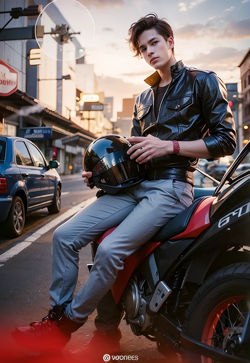 A boy sits on the mother's cycle and holds a helmet